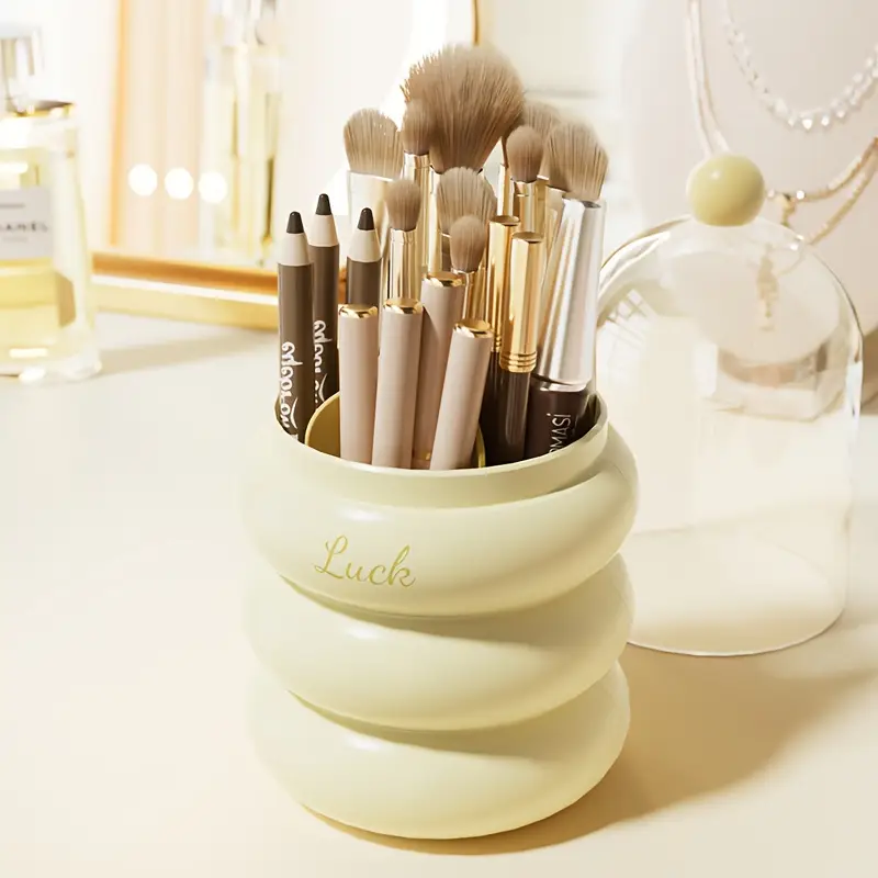 1pc rotating makeup organizer with brush holder multi compartment cosmetic office storage box durable plastic countertop organizer for bathroom vanity desk space saving design for pens brushes toothbrushes makeup brushes makeup vanity desk polished sturdy construction home organizers material home organizers Product details 7