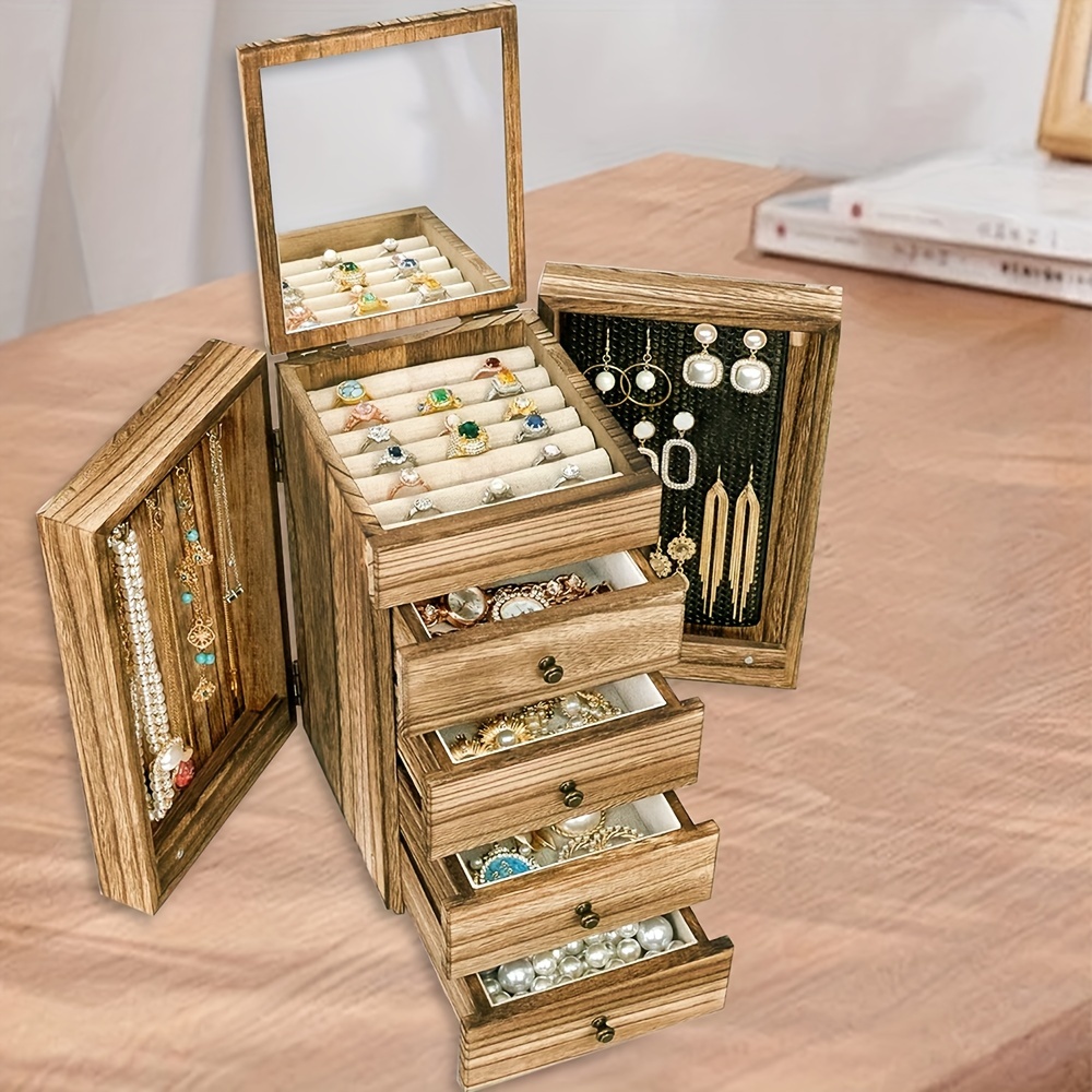 

1pc, Wooden Ladies Jewelry Box, Suitable For Necklace, Ring, Earrings, Bracelet Storage Box, , With Mirror And 4 Drawers