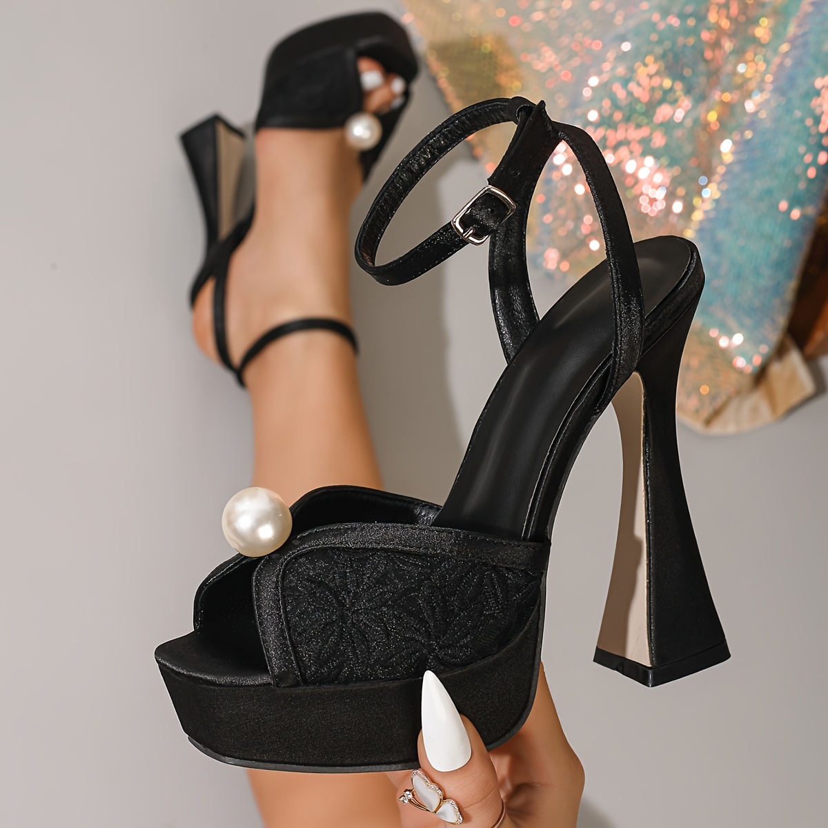 Artificial Large Pearl Women'S Lace Thick Sole Chunky High Heel Ultra-High  Heel Wedding Shoes Gift Non-Fatigue Vacation Elegant French Banquet Dress  Sandals, Women Shoes