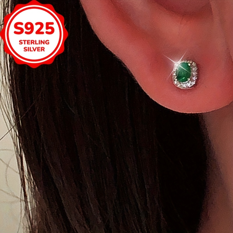 1pc s925 sterling silvery unique   emerald oval stud earrings versatile french   womens fashionable european american ear accessories   gift for her Product details 1