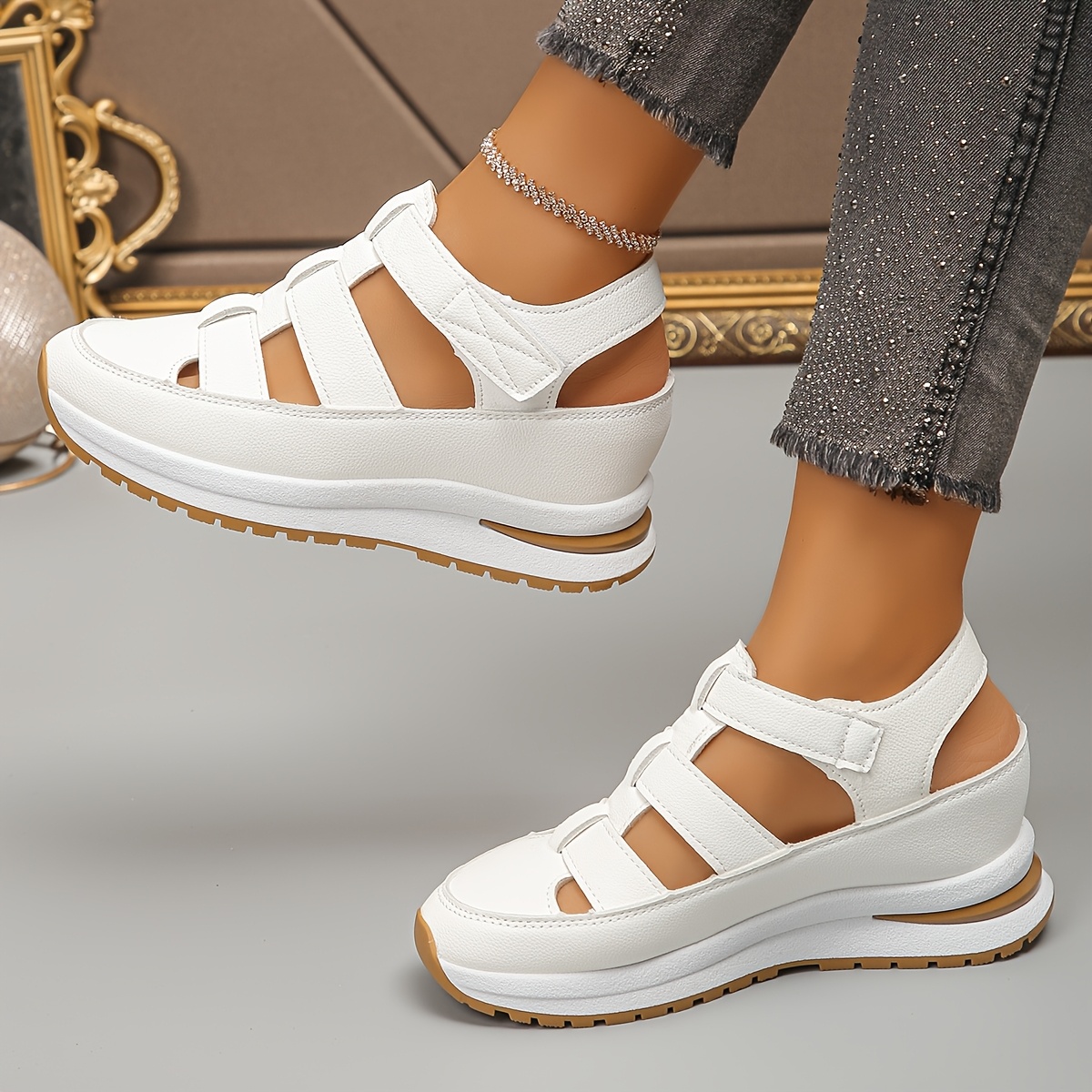 

1 Pair Women' Sandals, Solid Color, Round Toe, Platform Heel, Casual Sports Shoes With Hook-and-loop , Upper & Lining, , Eva Insole