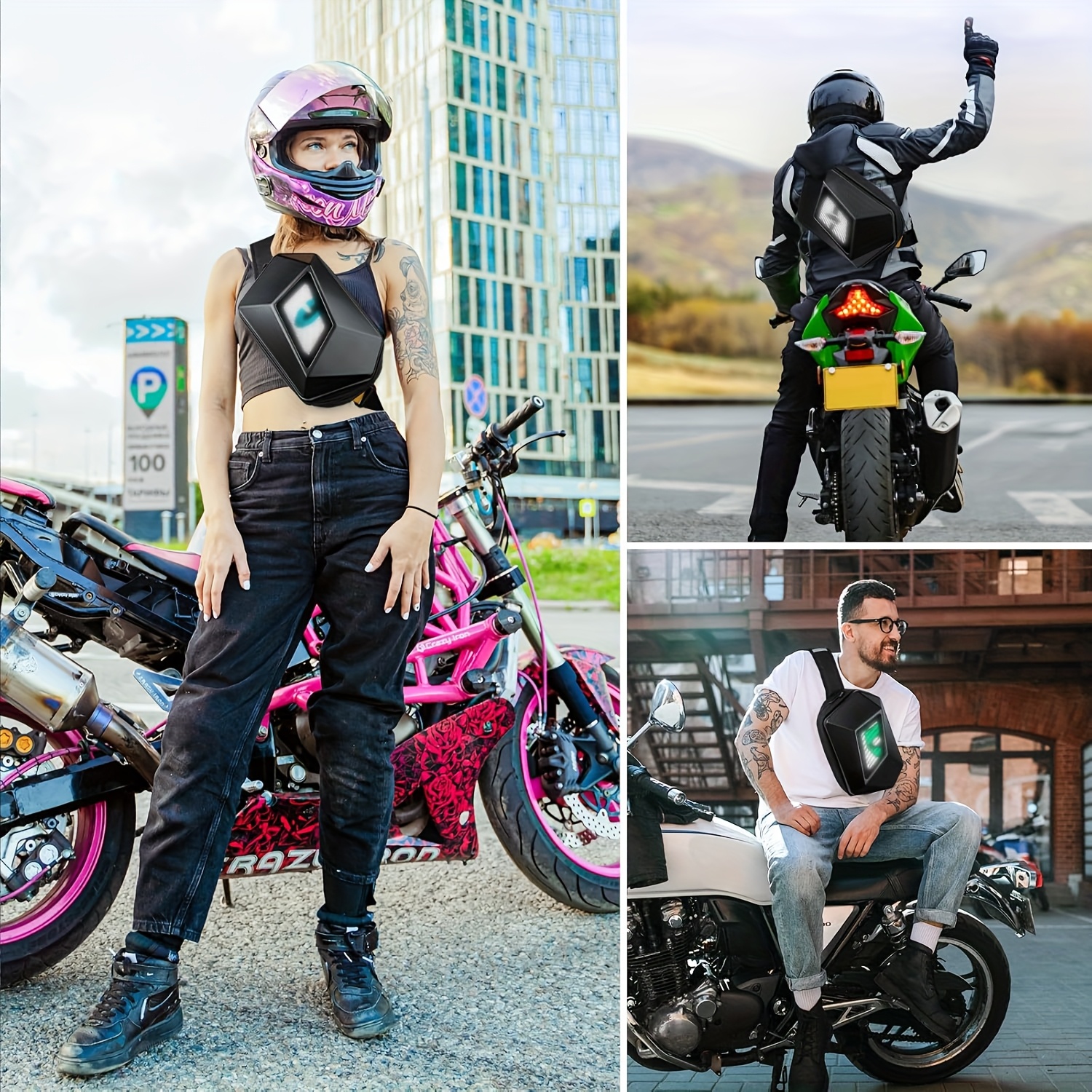 Sacoche bandoulière avec écran LED, sac à dos de moto, sac de voyage et de cyclisme, sacoche bandoulière LED, sac à dos LED, sac de poitrine et bandoulière pour homme et femme, écran couleur et programmable, publicité extérieure DIY, sacoche de voyage