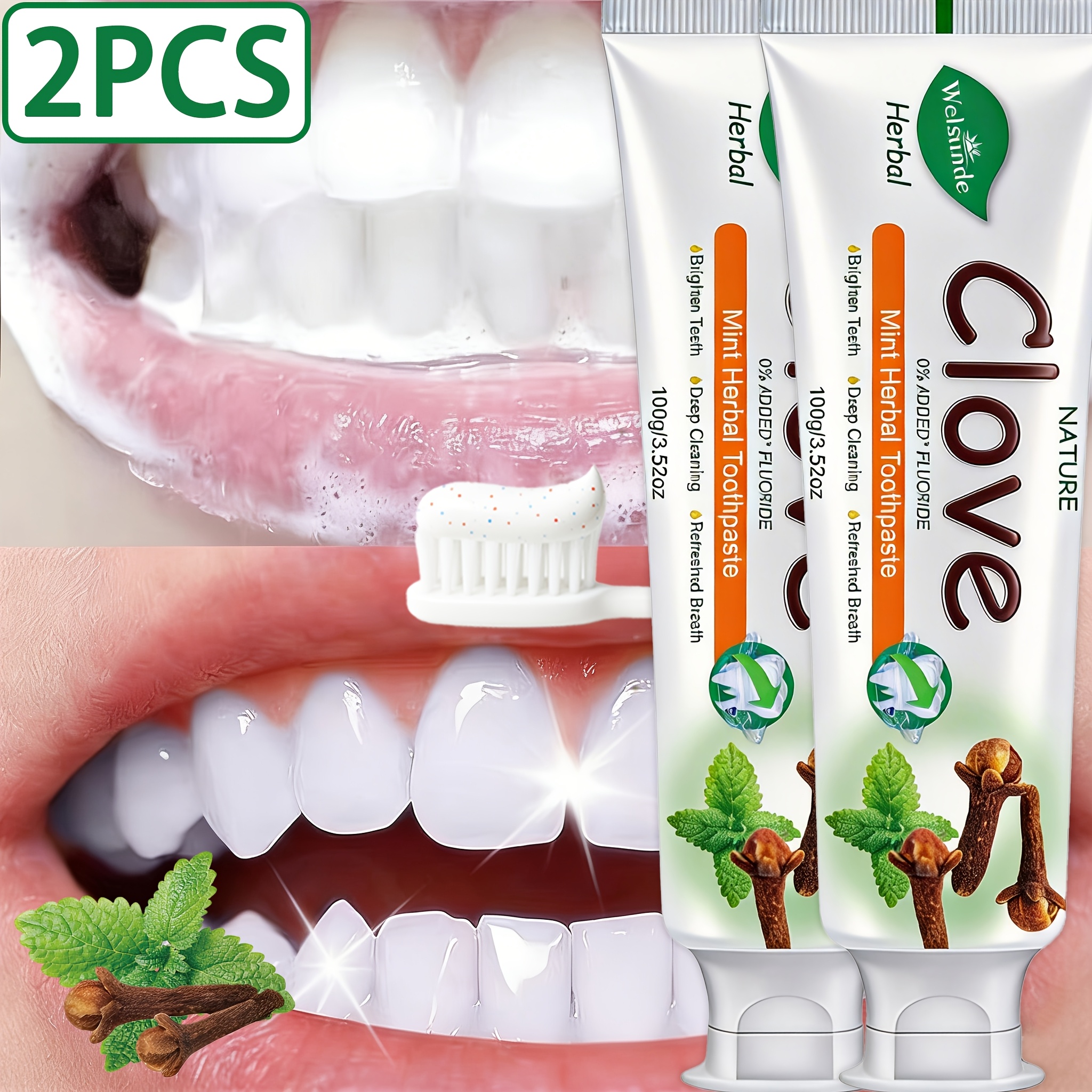 TEMU 2pcs Mint Herbal Toothpaste Suitable For Sensitive Gums, With & , 0% Fluoride, Deep Cleaning Gel For Teeth, Gum Care, Daily Use & Travel Oral