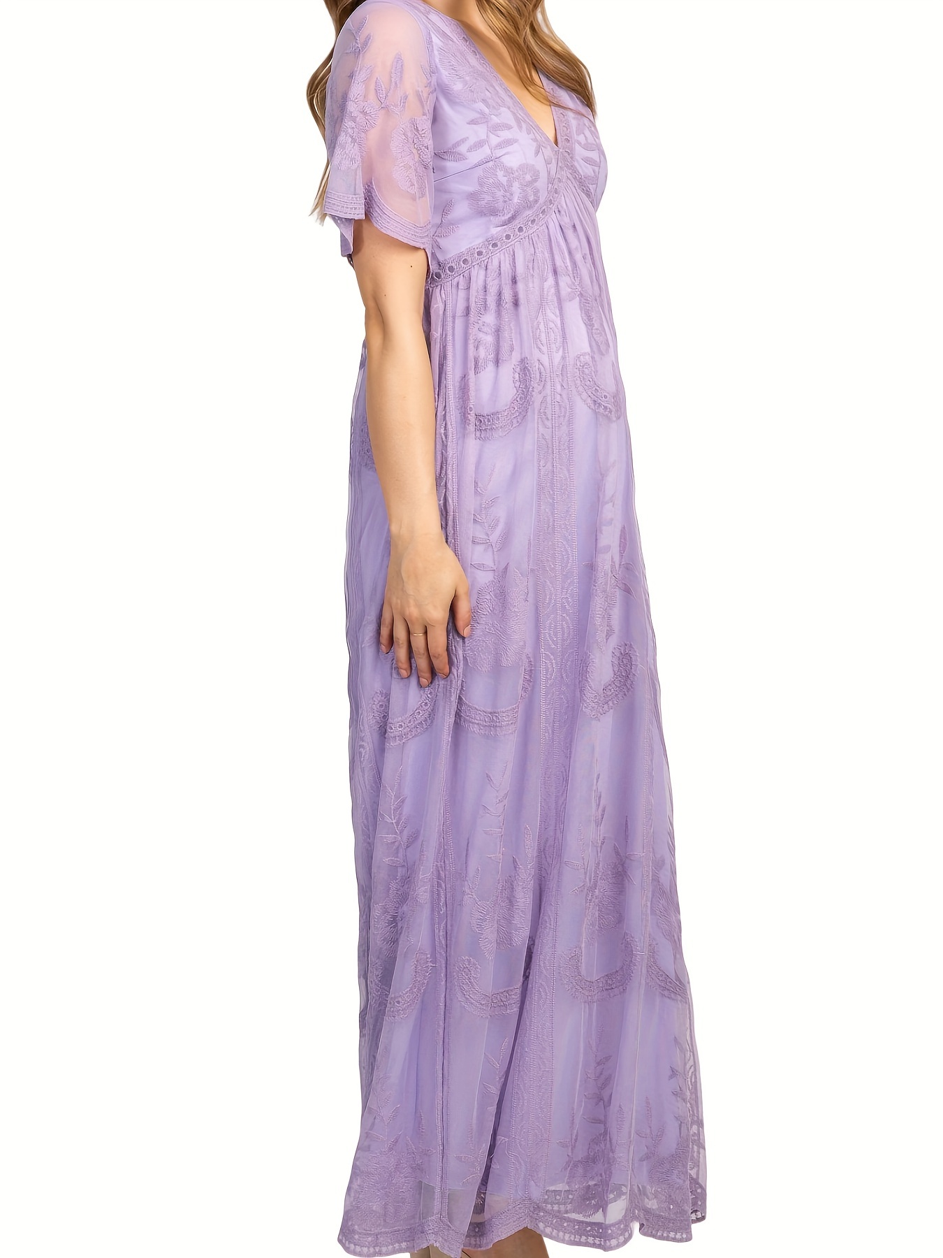 Women's Embroidered Lace Semi-Transparent Short Sleeve V-Neck Baby Shower Party Dress Wedding Gown Long Maxi Lavender Dress