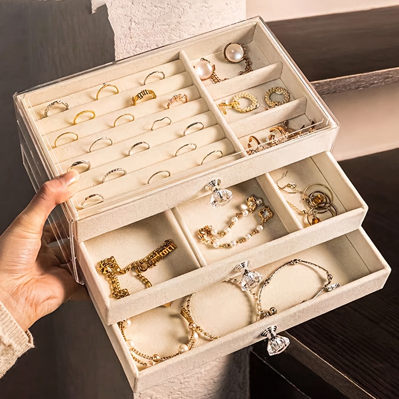 TEMU 3-tier Clear Acrylic Jewelry Organizer Box With Drawers For Earrings, Rings, Necklaces & Bracelets  Moisture-proof Suede Interior, Contemporary Design, Home, Dorm, And Holiday Gifts, Jewelry Box