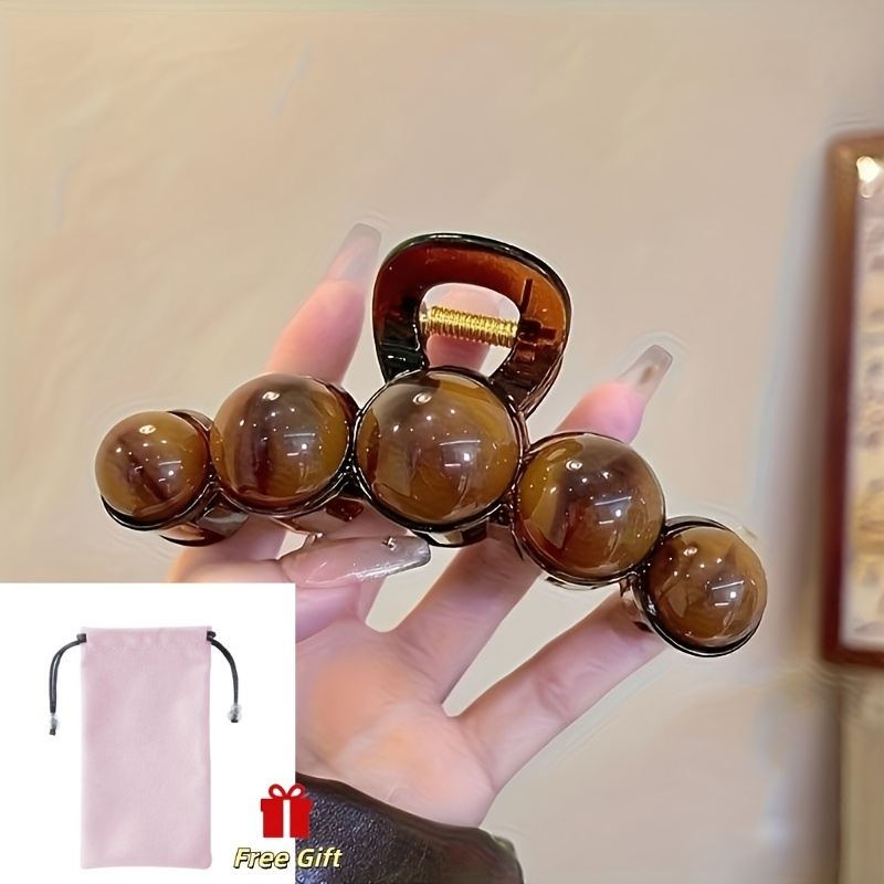 TEMU 2pcs Set (1pc Hair Clip And 1pc Velvet Pouch) Large Size Pearl Hair Clip - Retro Style Women's Acrylic Shark Clip, Single Pack, Perfect For