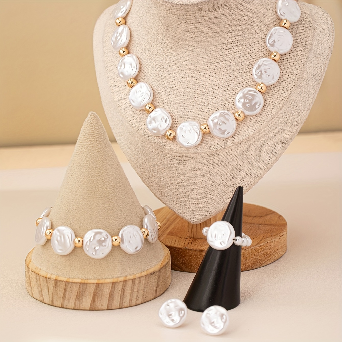 TEMU Elegant French Vintage Style Necklace Set With Large, Irregular Earrings And Rings - Perfect For Everyday Wear And Celebrations