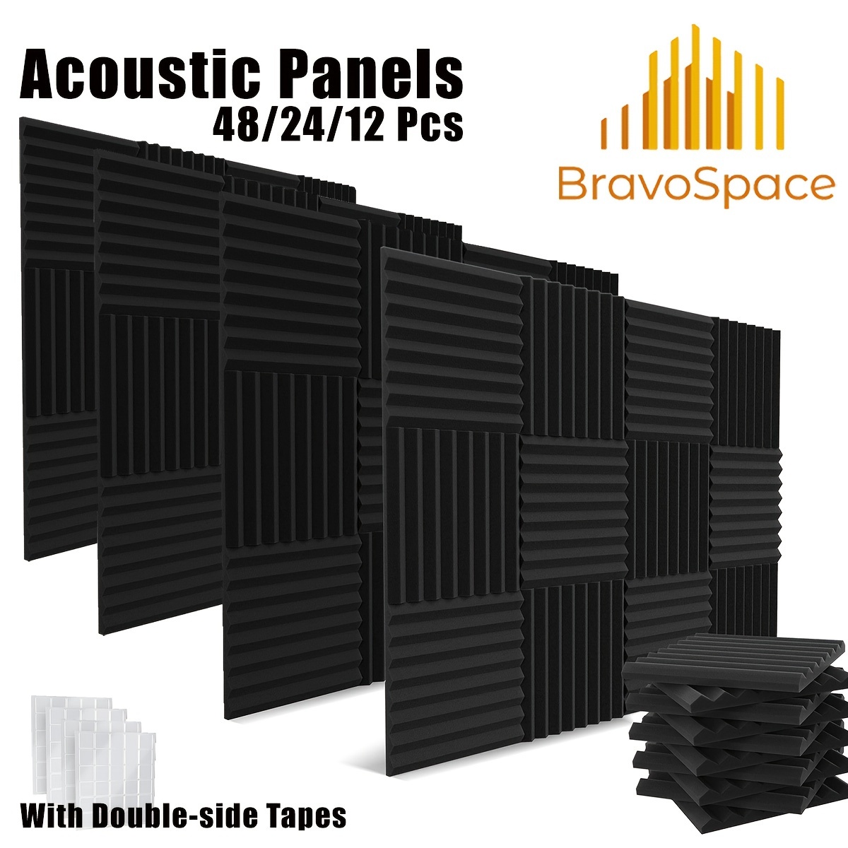 

48 pièces/24 pièces/12 pièces de panneaux de mousse acoustique, 12x12x1 pouce, adhésif , matériau de soundproofing, noir, pour accessoires d'équipement d'enregistrement, réduction du bruit