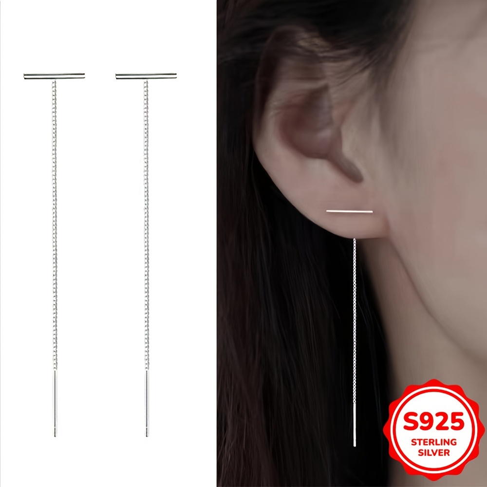 

0.5g Pair Of S925 Pure Silvery Light Luxury Long T-shaped Ear Wires Earrings Simple Show Slim Face Ear Ornaments Birthday Gift