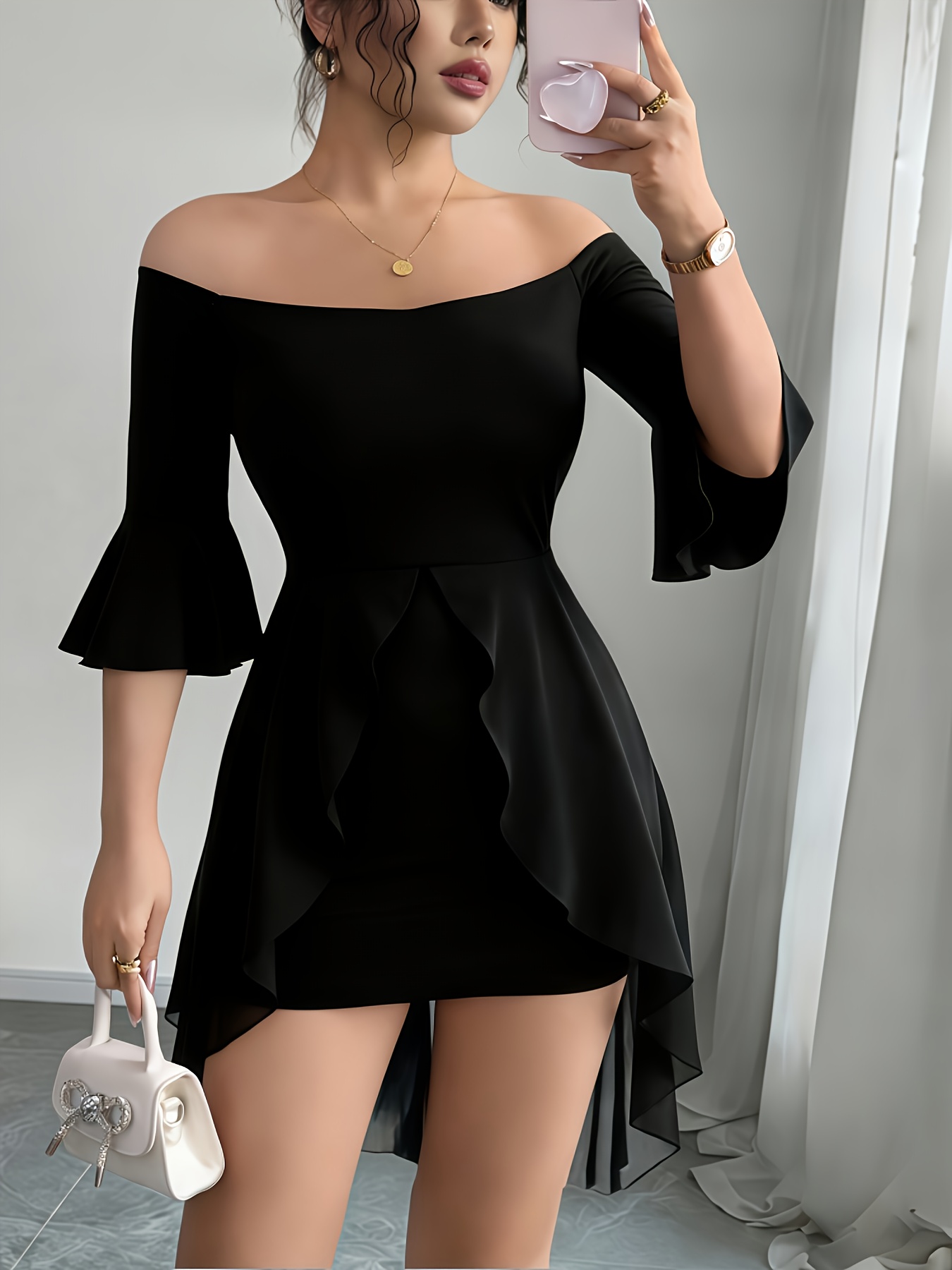 pink and black dresses for prom Off the Shoulder Black and Pink Layered Lace Prom Dresses, Off Shoulde –  Eip Collection main image 0