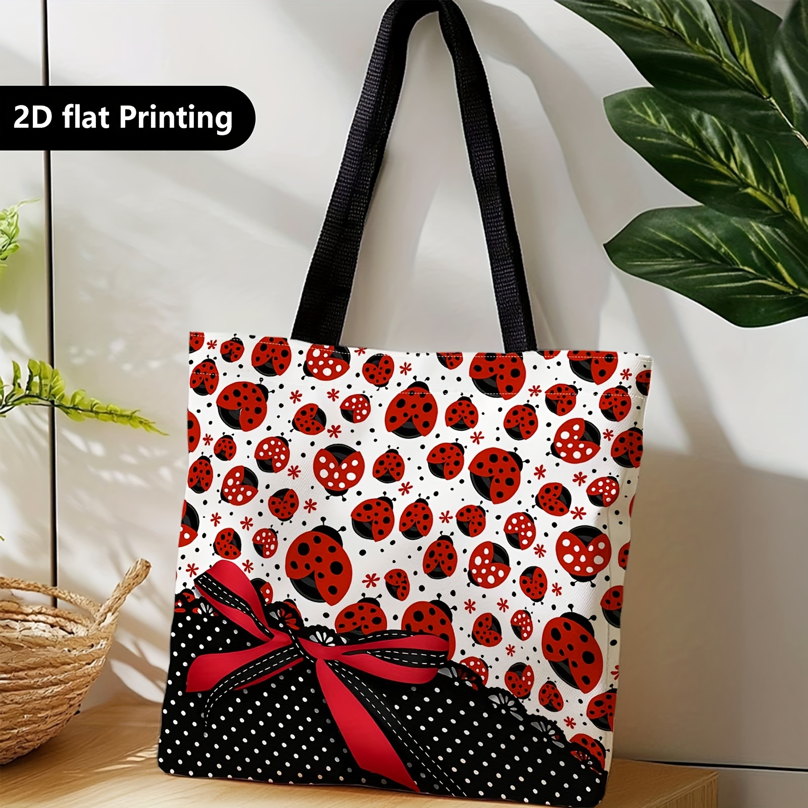 Image of 1pc A Shopper Bag, A Portable On The Shoulder Or , Featuring Ladybugs, Polka Dots, And A Red Ribbon. Ideal For Travel, Storing Cosmetics, Holiday Items, Home Decor, Gifts, Events