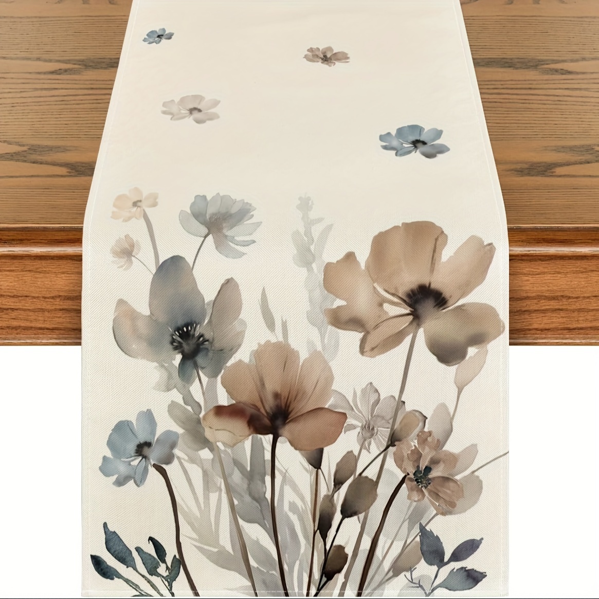 

1pc, Table Runner, Brown Poppy Floral Leaves Pattern Linen Table Runner, Seasonal Summer Home Party Decor, Soft Touch Kitchen Dining Table Decoration