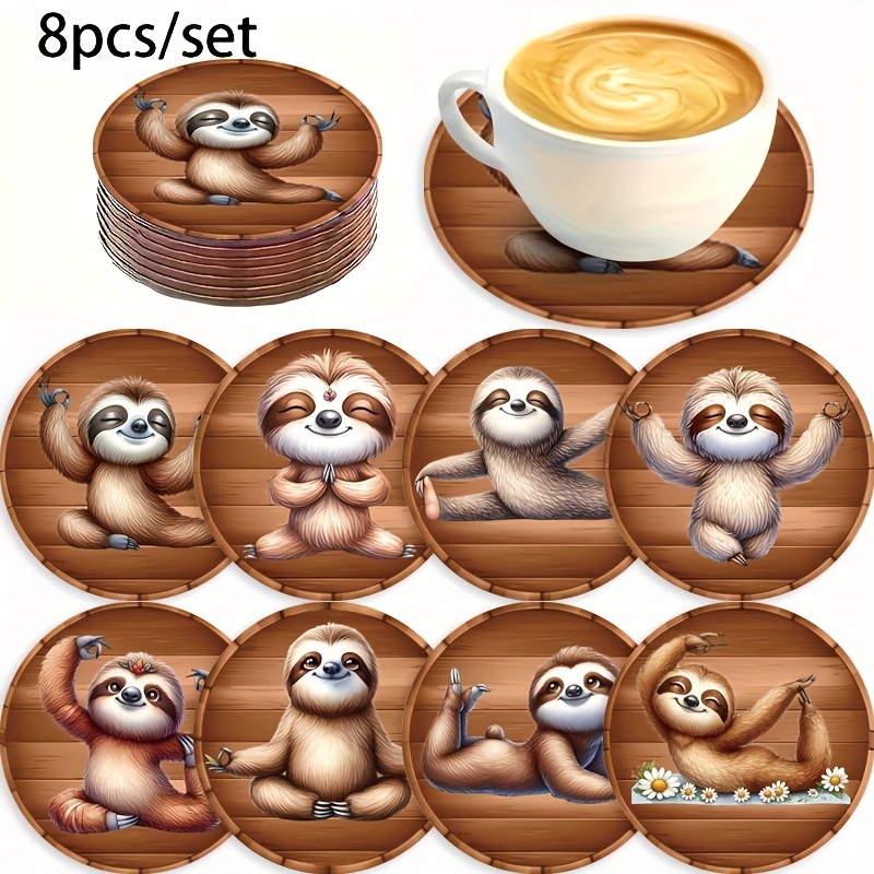 Image of Christmas Gift Set 8pcs Sloth Coasters - Non-slip Drink Mats - Cute Animal Design For Home & Cafe - Perfect For (wooden Table Accessories)