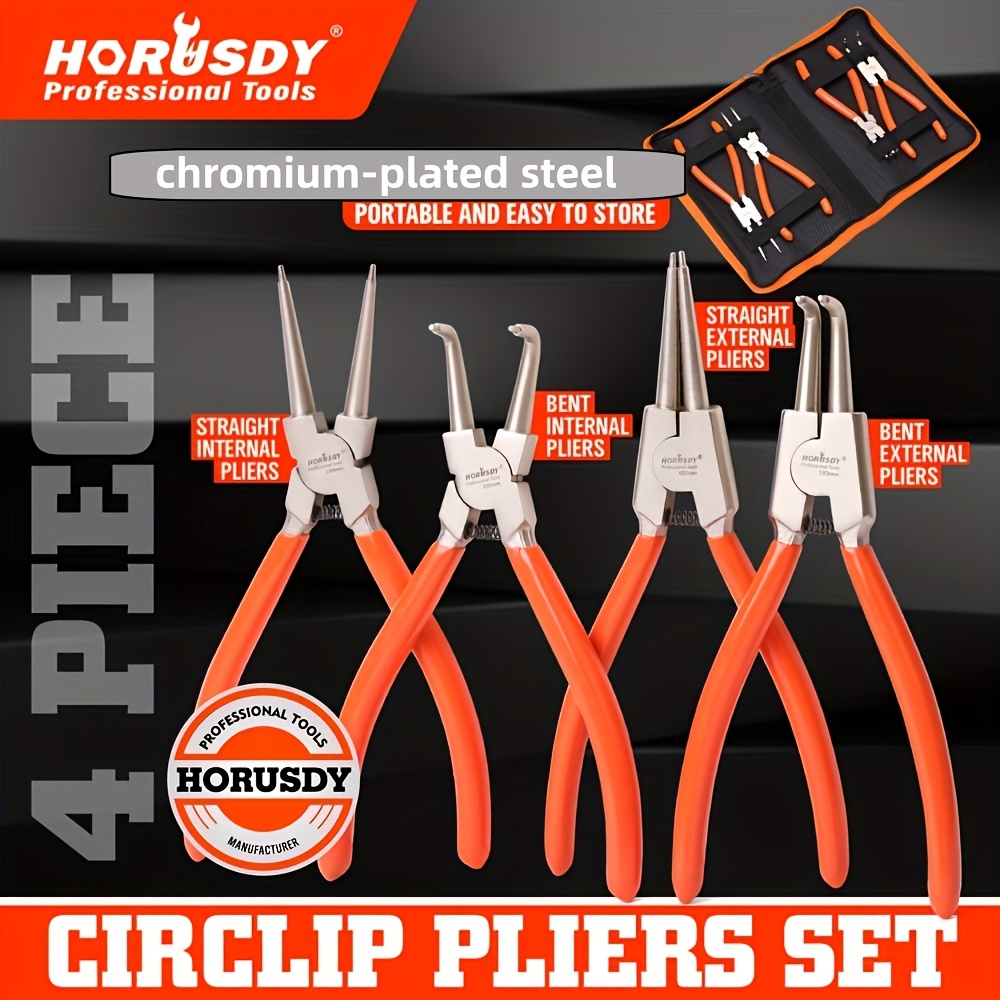 TEMU 4pcs Bent/straight Internal External Circlip Pliers, 170mm 7 Inch Industrial Steel Plier Set, Chromium-plated Steel, Anti-rust, Anti-bending And