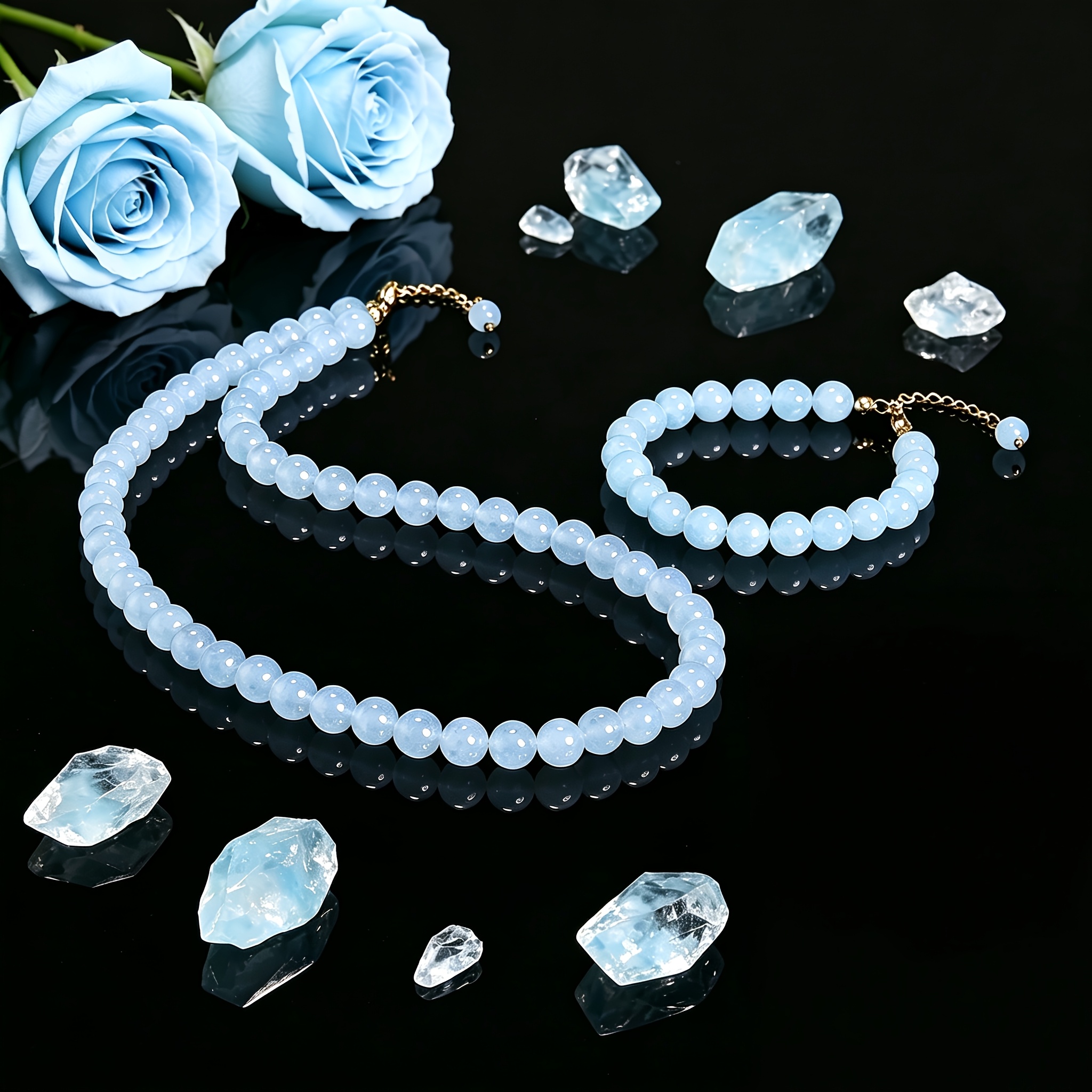 2pc Elegant Aquamarine Beaded Necklace & Bracelet Set