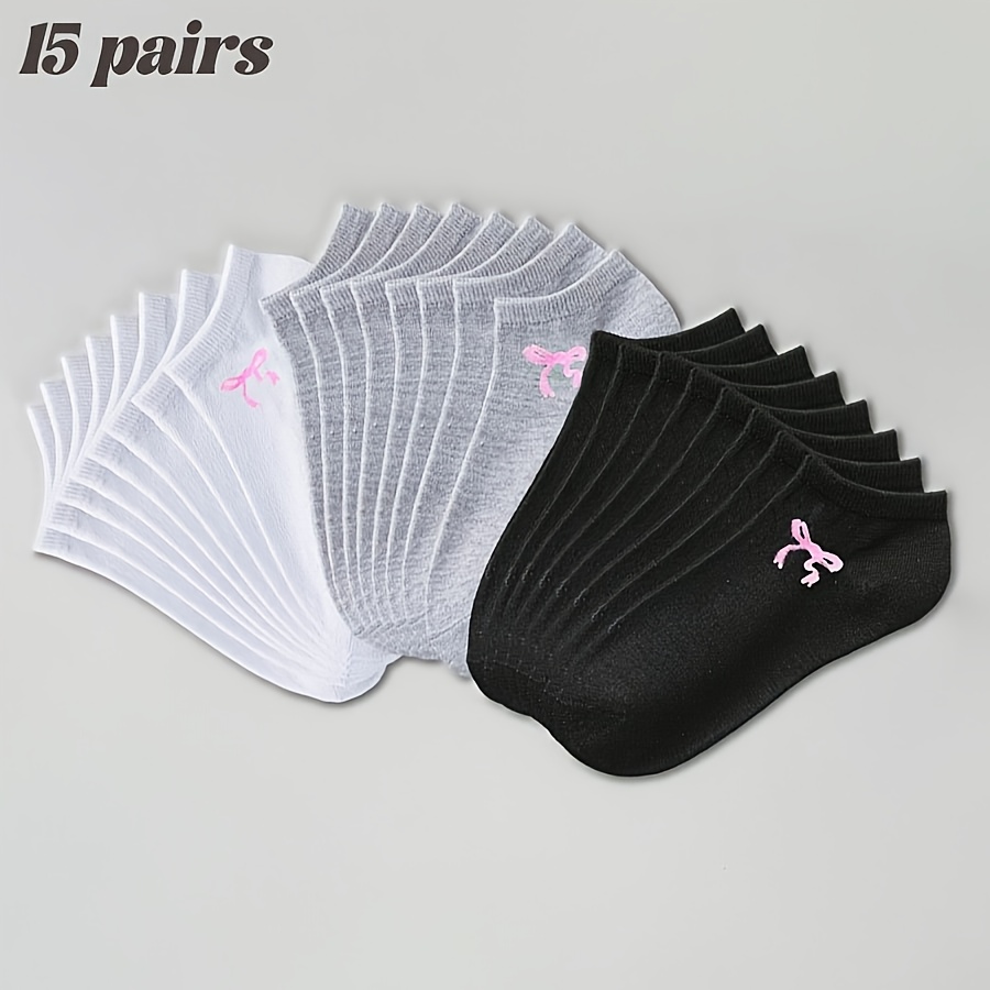 E-shop 15 Paar Damen Einfarbige Schwarze, Weiße und Graue Schleife Knöchelsocken, Stilvoll und Bequem, Geeignet für den , Passend für Alle Jahreszeiten