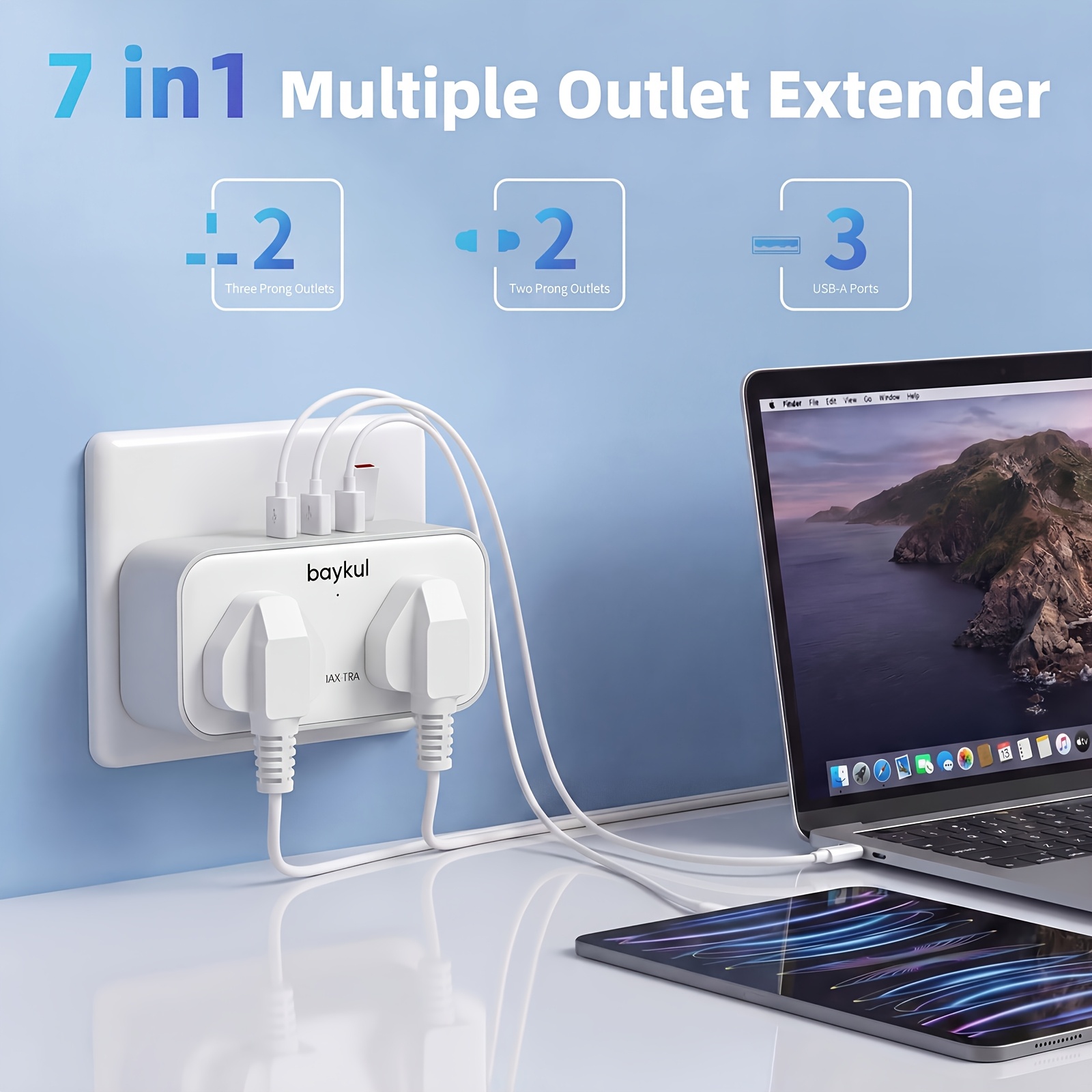 TEMU Portable 7-in-1 Uk Wall Mount Power Strip, 1 Pack/2 Pack, 3250w Max, Multi-socket Extension With 2 -pin Sockets, 2 Standard Sockets, 3 Usb-a