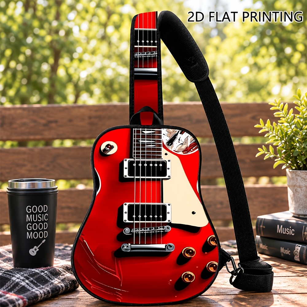 TEMU 1pc Men' & Women' Electric Guitar Print Crossbody Bag With Adjustable Strap & Zipper Closure, Red Suitable For Cycling, Hiking, Outdoor,