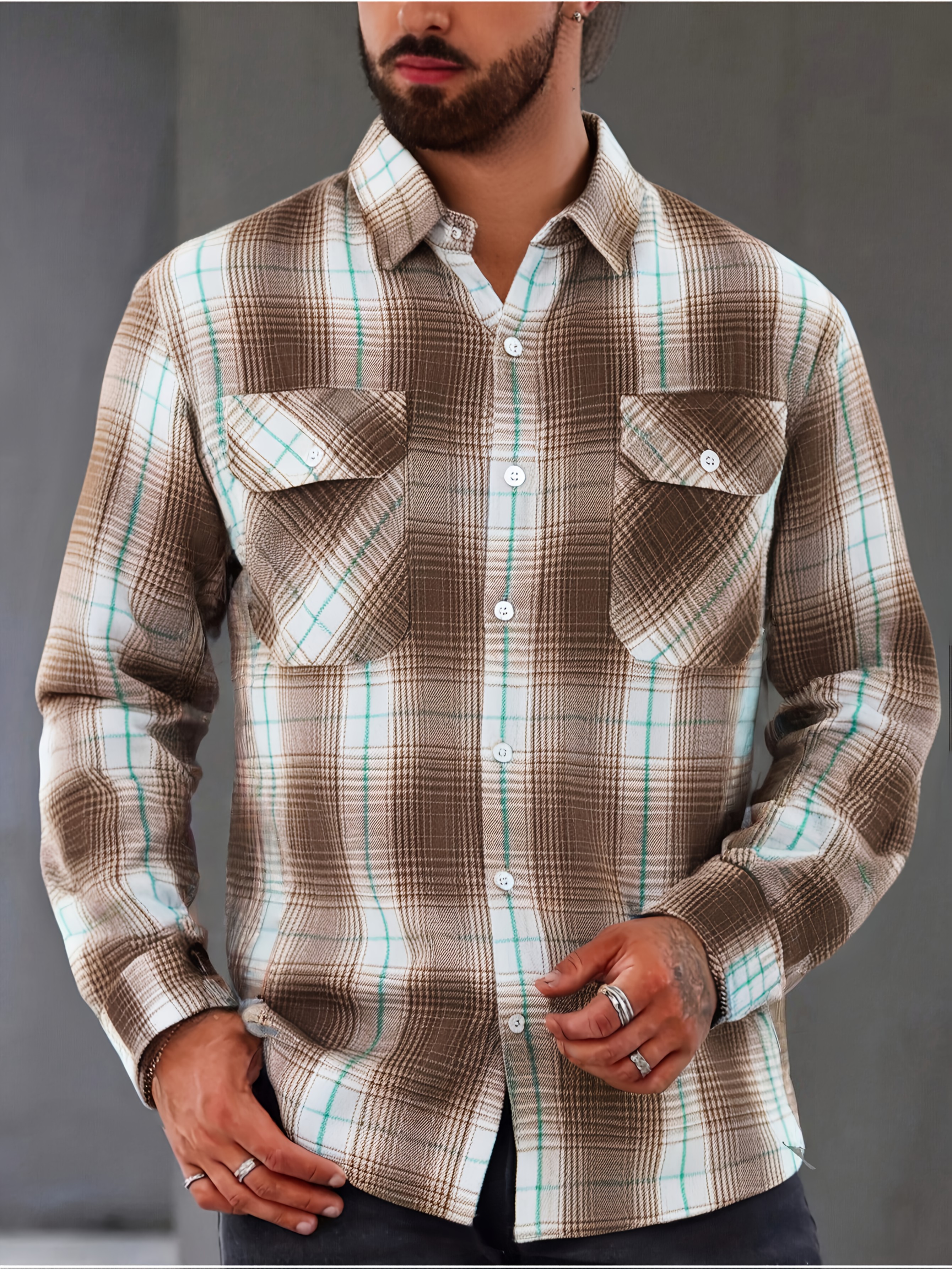 Chemise à Carreaux Homme — Vintage & Décontractée Chemise Vintage à Carreaux Verts et Marron pour Homme, Style Décontracté à Poches Doubles pour Printemps/Automne, Haut Polyvalent, Design Rétro à Carreaux, Coupe Détendue, Lavage à la Main, Tissu Non Élastique, Chemise Homme, Coupe Régulière, Pour Passionnés de Vêtements de Travail, Tenue Décontractée, Taille Chinoise, Veuillez Consulter Attentivement le Guide des Tailles
