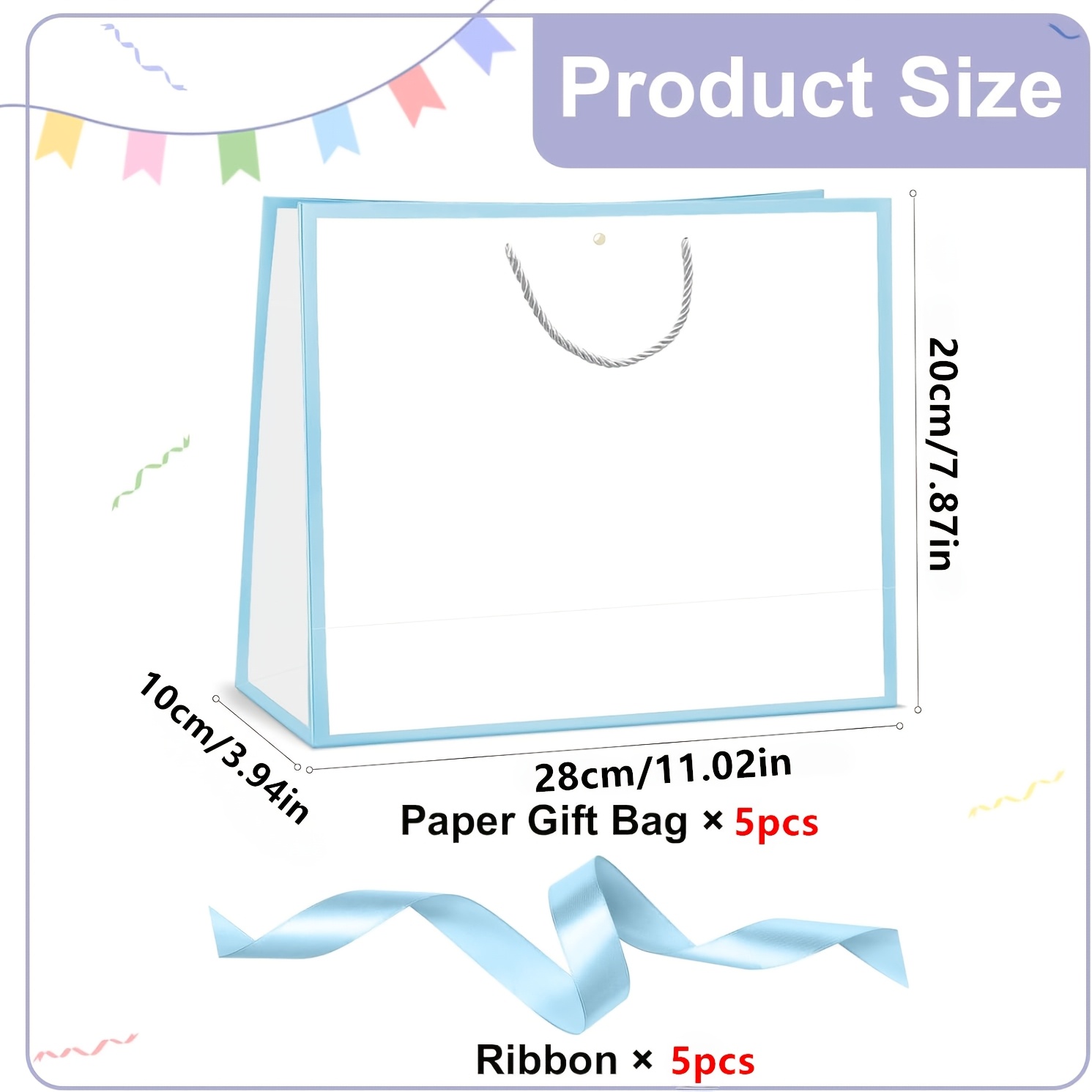 TEMU 10pcs (5pcs Blue Ribbons + 5pcs Blue Gift Bags) White Gift Bags With Blue Edges And Handles, Paper Gift Bags, Shopping Bags, Gift Bags With