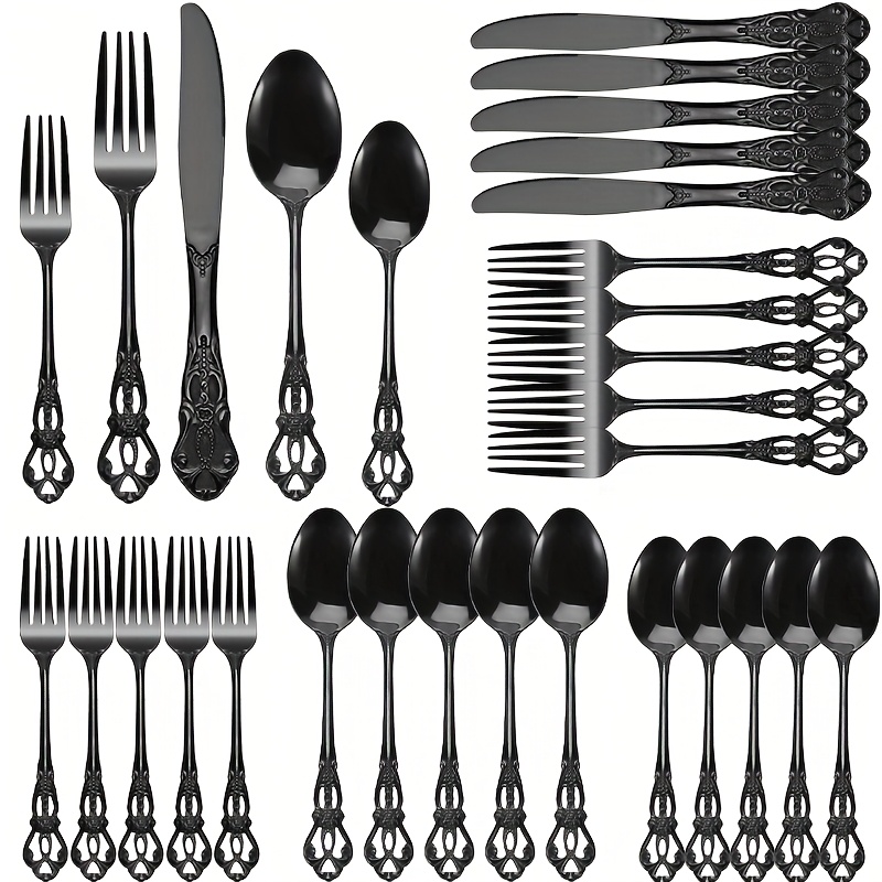 

Rustproof Stainless Steel Flatware Set, 30 Piece Black Vintage Set, Serves 6, Includes Spoons And Knives, Dishwasher Safe