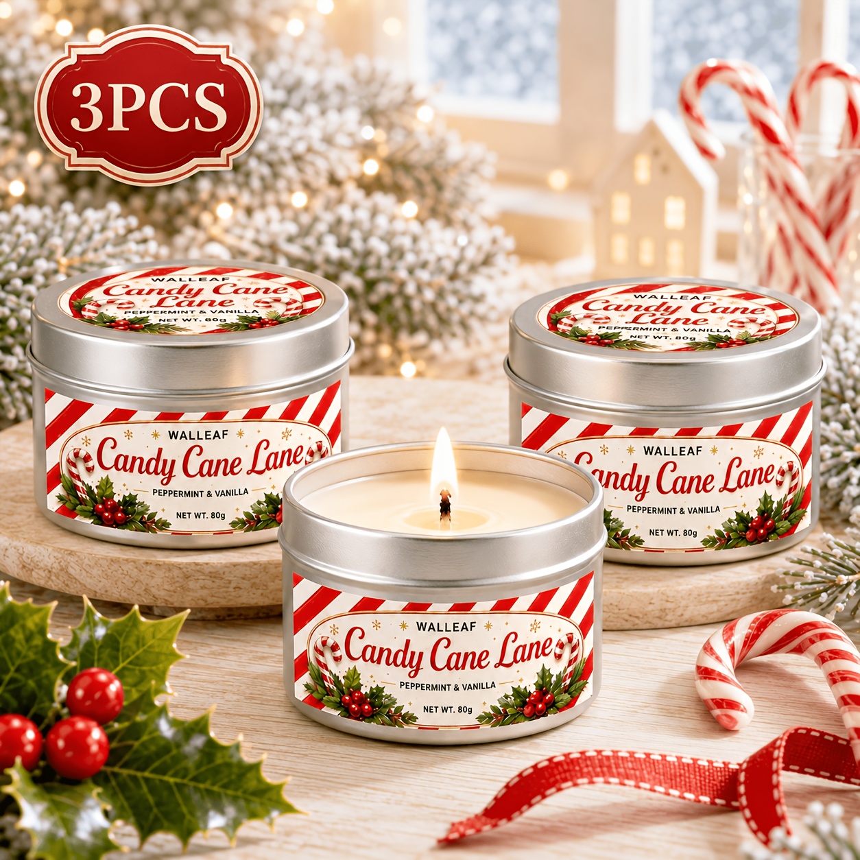 TEMU Christmas Candy Cane Scented Candle, Fresh Mint Vanilla Fragrance In A Silvery Can, Warm Candlelight For Winter Home Decor, Suitable For