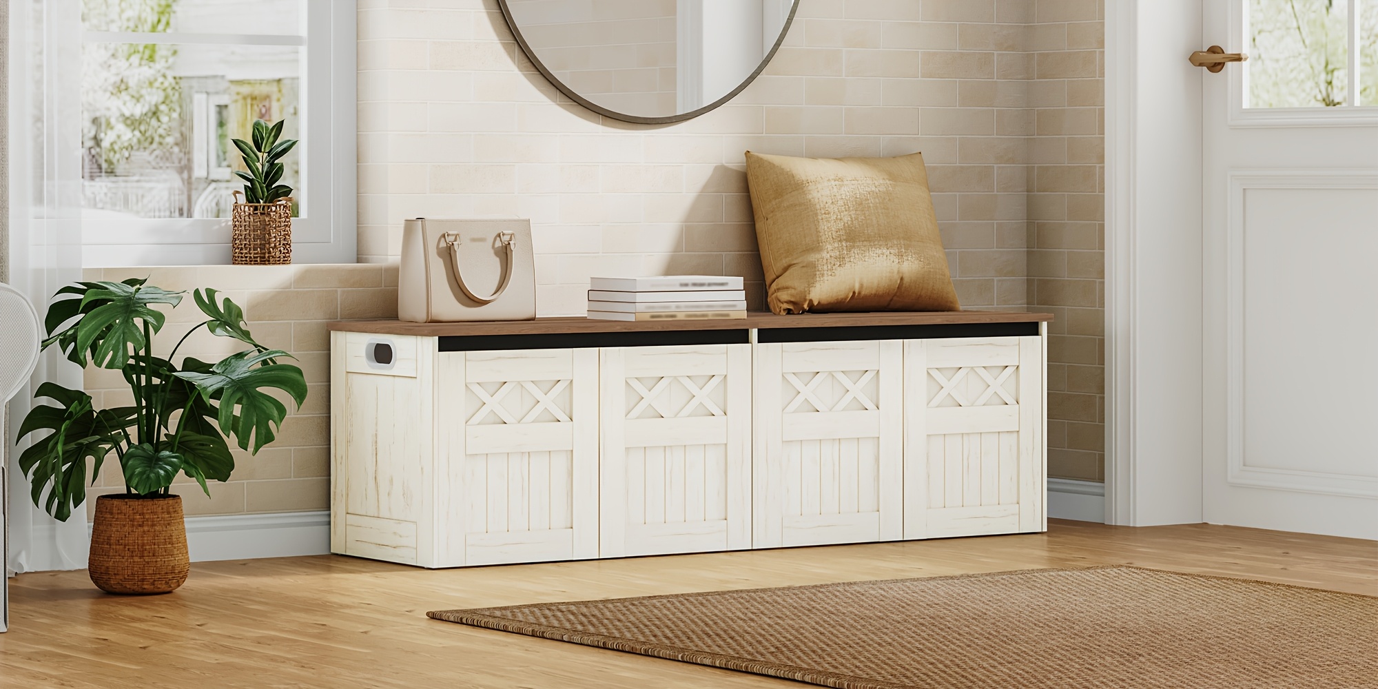 59.1-Inch Storage Box with a Large Storage Bench Featuring Two Hinges, Farmhouse-Style Wooden Box Bench, Lift-Top Storage Chest, Wooden Bed-End Bench, Suitable for Entryways And Bedrooms, in a Vintage White Color
