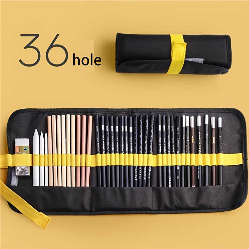 

36-slot Canvas Pencil Case, Roll-up Pouch, Multi-functional Storage Bag For Colored Pencils, Pens, And Drawing Supplies