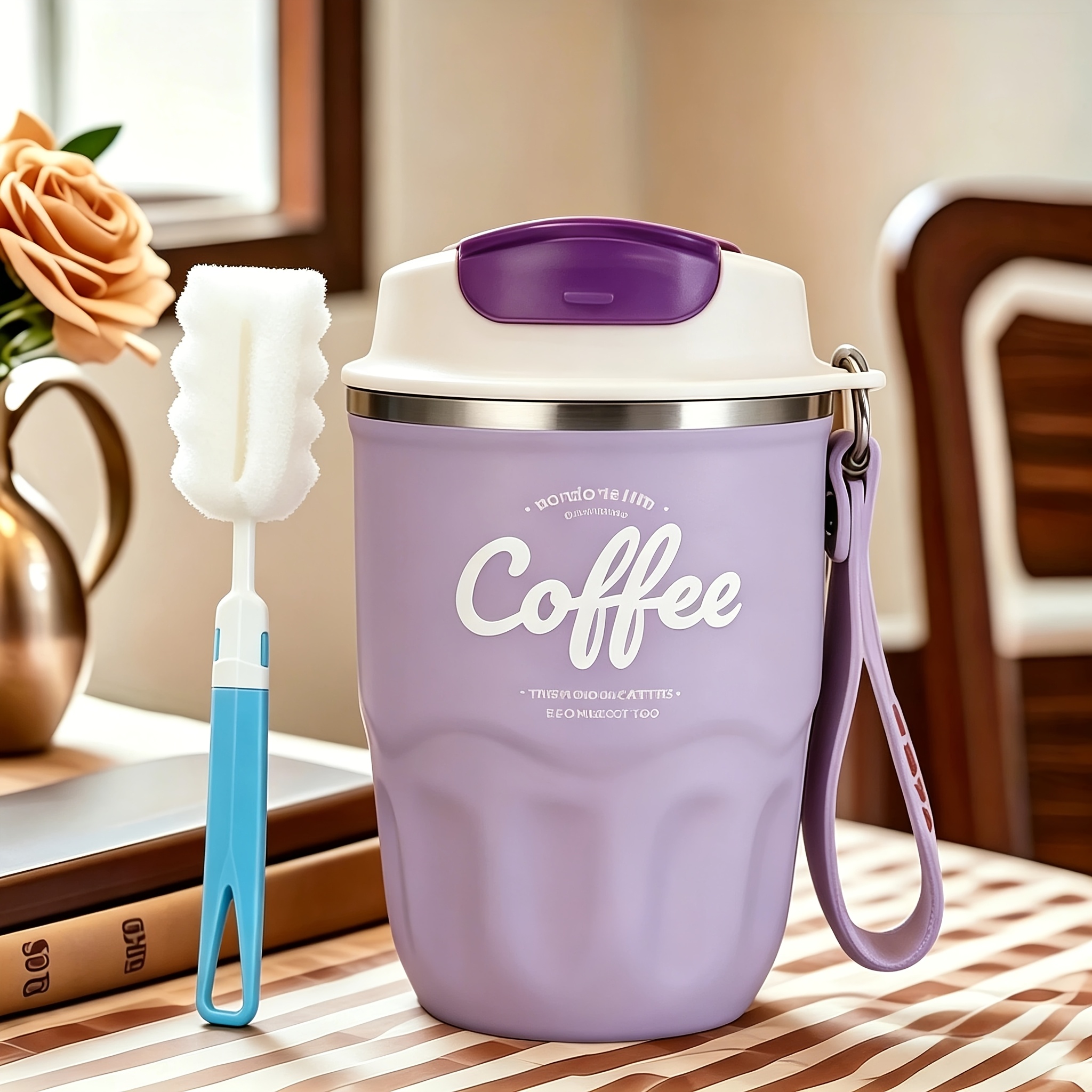 TEMU 2pcs Includes 1 Steel Vacuum Insulated Coffee Cup With Carrying Strap And 1 Stylish Cup Brush - 12.17oz Double-layer Insulated Travel Mug,