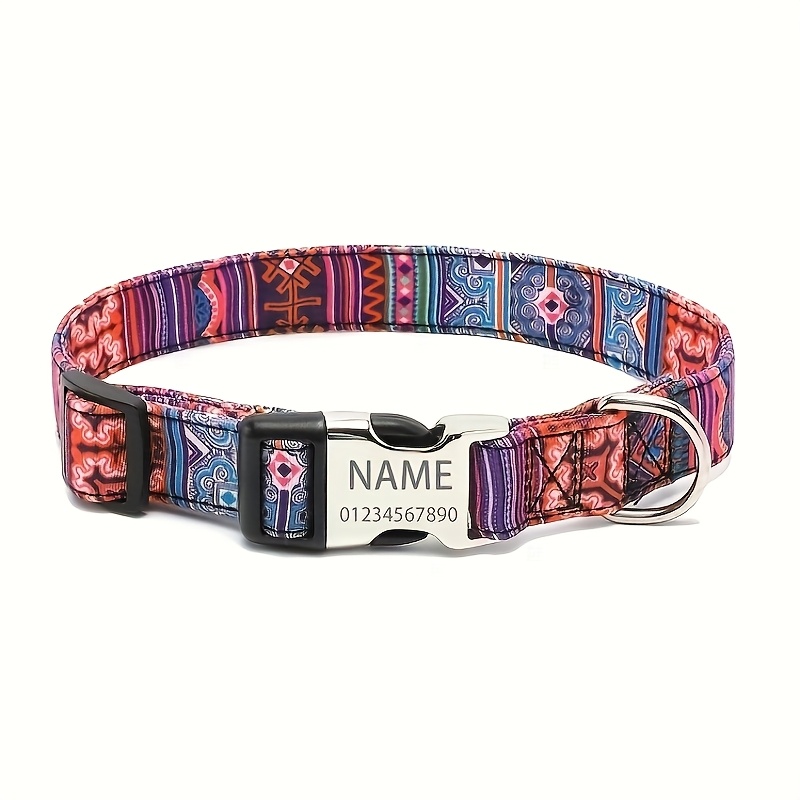 TEMU 1pc Custom Engraved Bohemian Dog Collar Adjustable Polyester Pet Collar Semi-metal Personalized Name Contact Id Tag Anti-lost For Small Medium