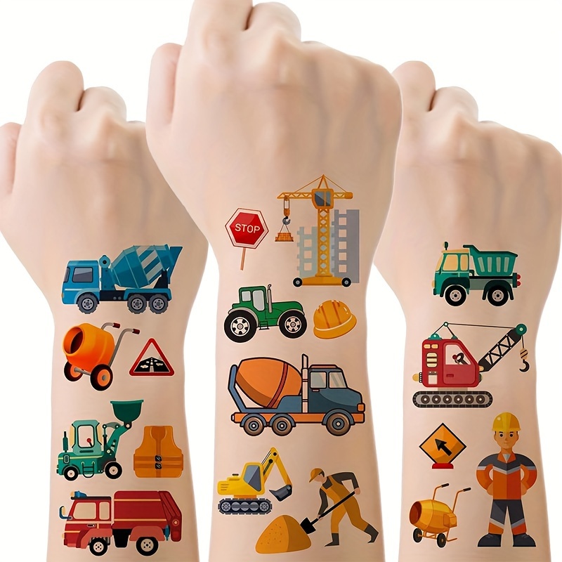 

12pcs Construction Temporary Tattoos Birthday Party Decorations, With Dump Truck Bulldozer Excavator Tractor Hard Hat Patterns