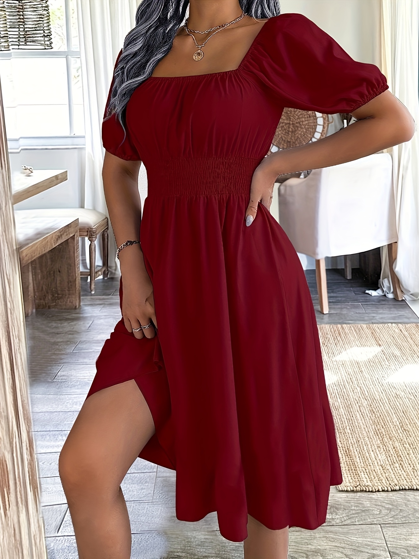 Women's A-Line Dress with Square Neck Puff Sleeves Knee-Length Flared  Hem, Machine Washable Versatile Casual to Forma