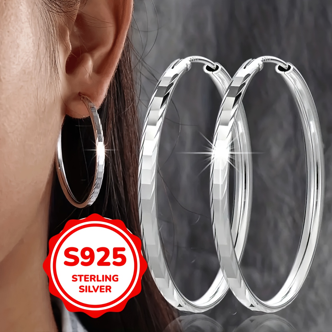 

1 Pair Sterling Silver Hoop Earrings, Simple 925 Silver Plated Korean Style, Hypoallergenic 3g Large Square Design, Ideal For & Valentine's Day Gift