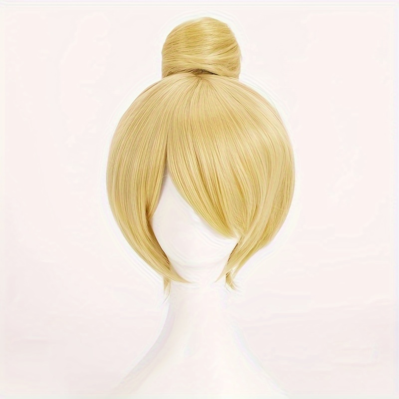 

Golden Straight Wig With Bangs Hair Bun Synthetic Wig Costume Wig For Halloween Party Music Festival