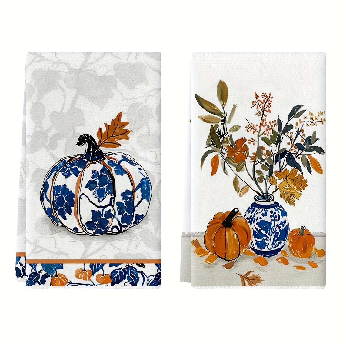 TEMU Autumn Charm 2pcs Kitchen Towels - & Pumpkin Design, Soft Polyester, Vintage Style, Hand Wash Only, 16x24 Inches