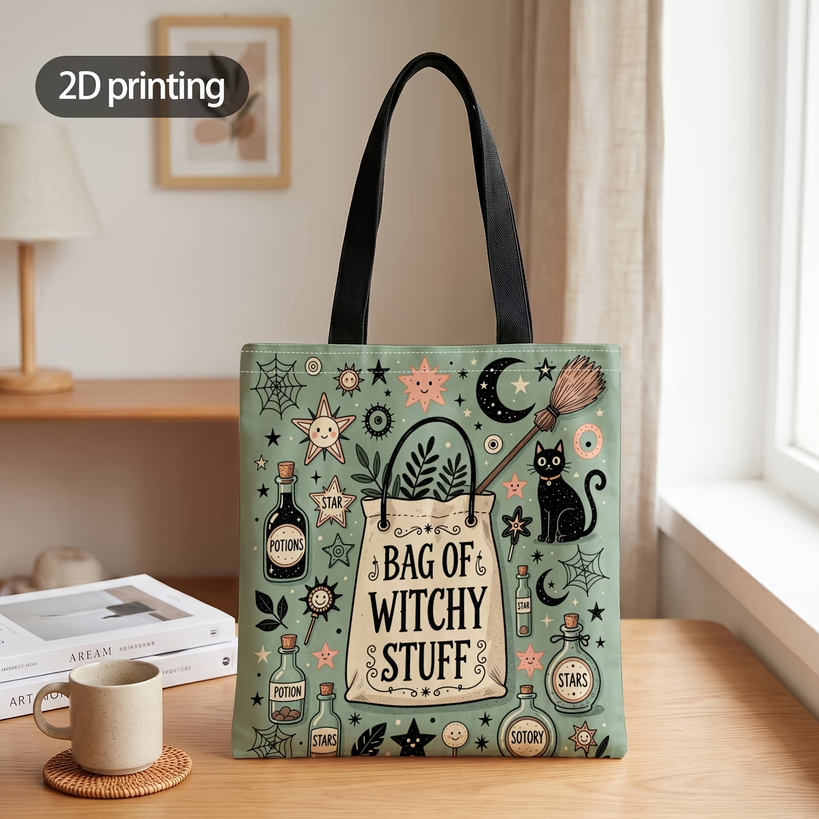 TEMU 2d Printed Handbag With Bag Of Spells Pattern, Reusable Fashion Shoulder Bag Shopping Tote Bag Suitable For Shopping Office Vacation Daily