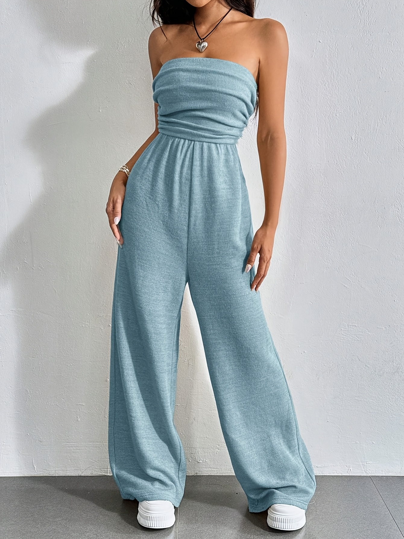 Women'S Polyester Knit Jumpsuit, Sexy Strapless Bandeau Style, Solid Color,  Backless, Long Length, Straight Leg, Sleeveless with Elastane for Stretch,
