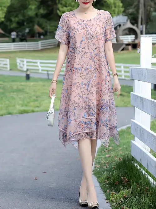 dress floral chiffon polyester Blue Mock Neck Maxi line skirt and short lace up back with keyhole women's floral chiffon mini dress