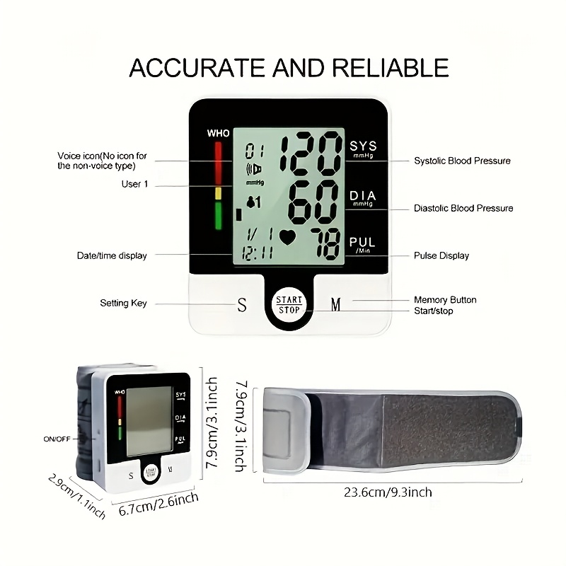 automatic wrist blood pressure monitor with adjustable cuff 90x2 memory storage large lcd display and heart rate sphygmomanometer readings battery powered for home use wrist bp monitor userfriendly design clear   Product details 3