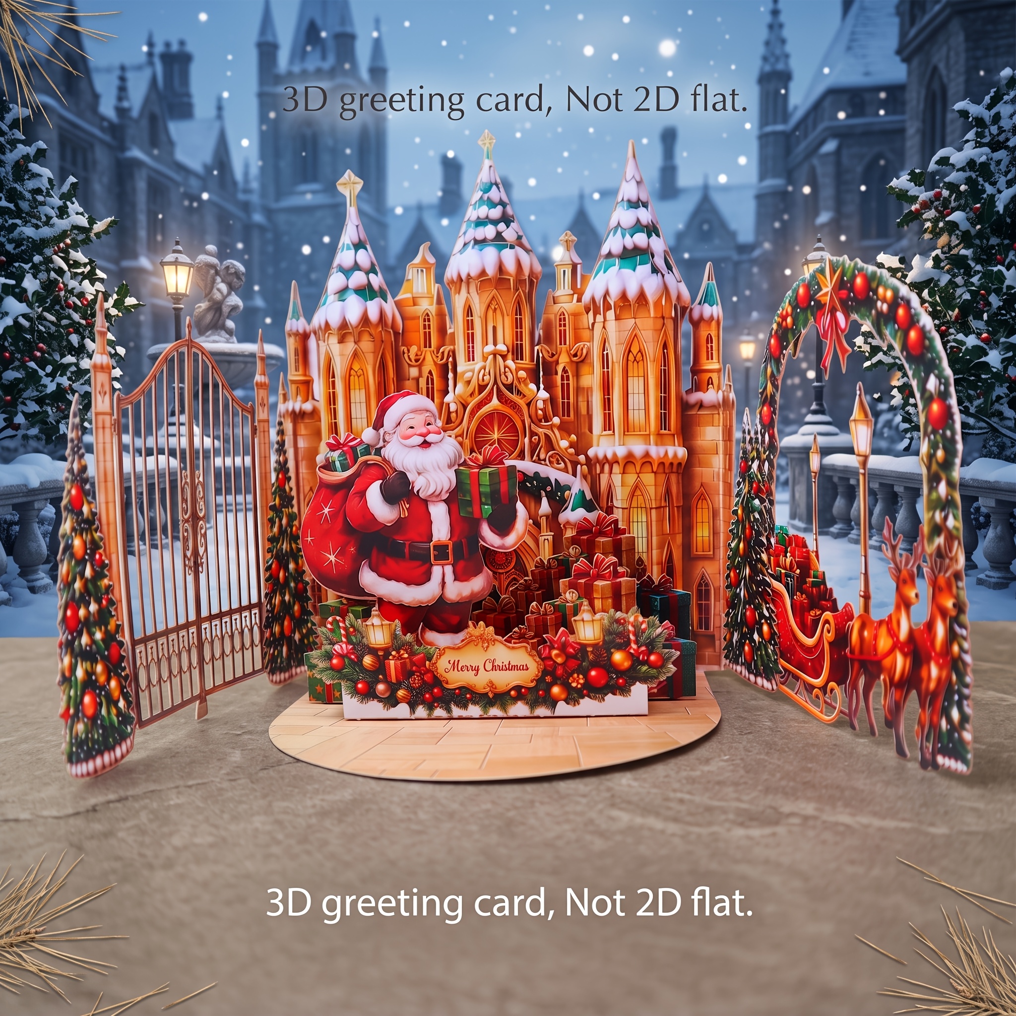 Image of Christmas 3d Pop-up Greeting Card With Envelope, Exquisite Castle Sleigh Design, Handmade Foldable Paper Art Card, Holiday Greeting And Gift, Suitable For Men, Women, , Family, , Christmas Party