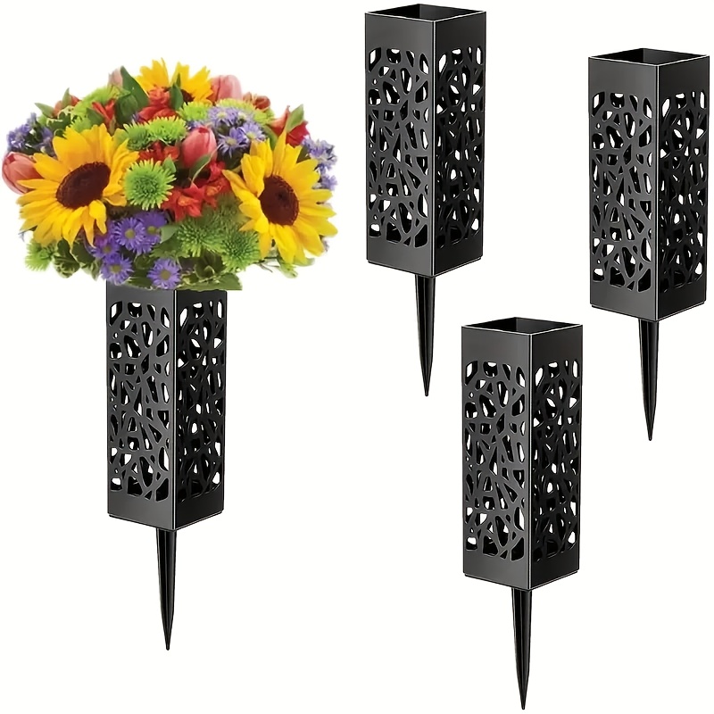 2 4pack black plastic flower vases for graves cemetery decorations human   flower holder black plastic vase with drainage hole long spikes outdoor memorials