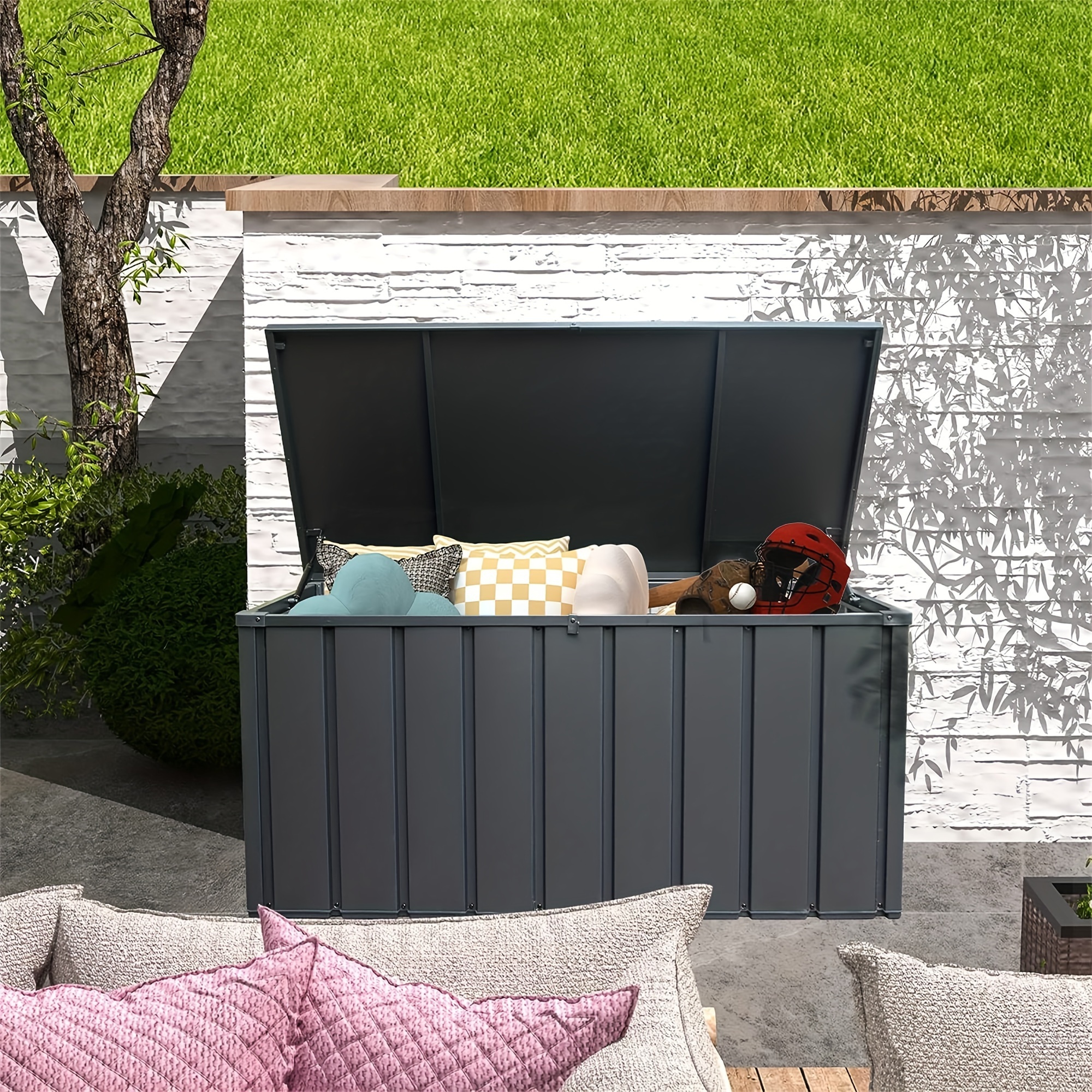 

Outdoor 100 Gallon Storage Deck Box Waterproof Large Patio Storage Bin For Outside Cushions, Throw Pillows, Garden Tools, Lockable Box, Dark Gray