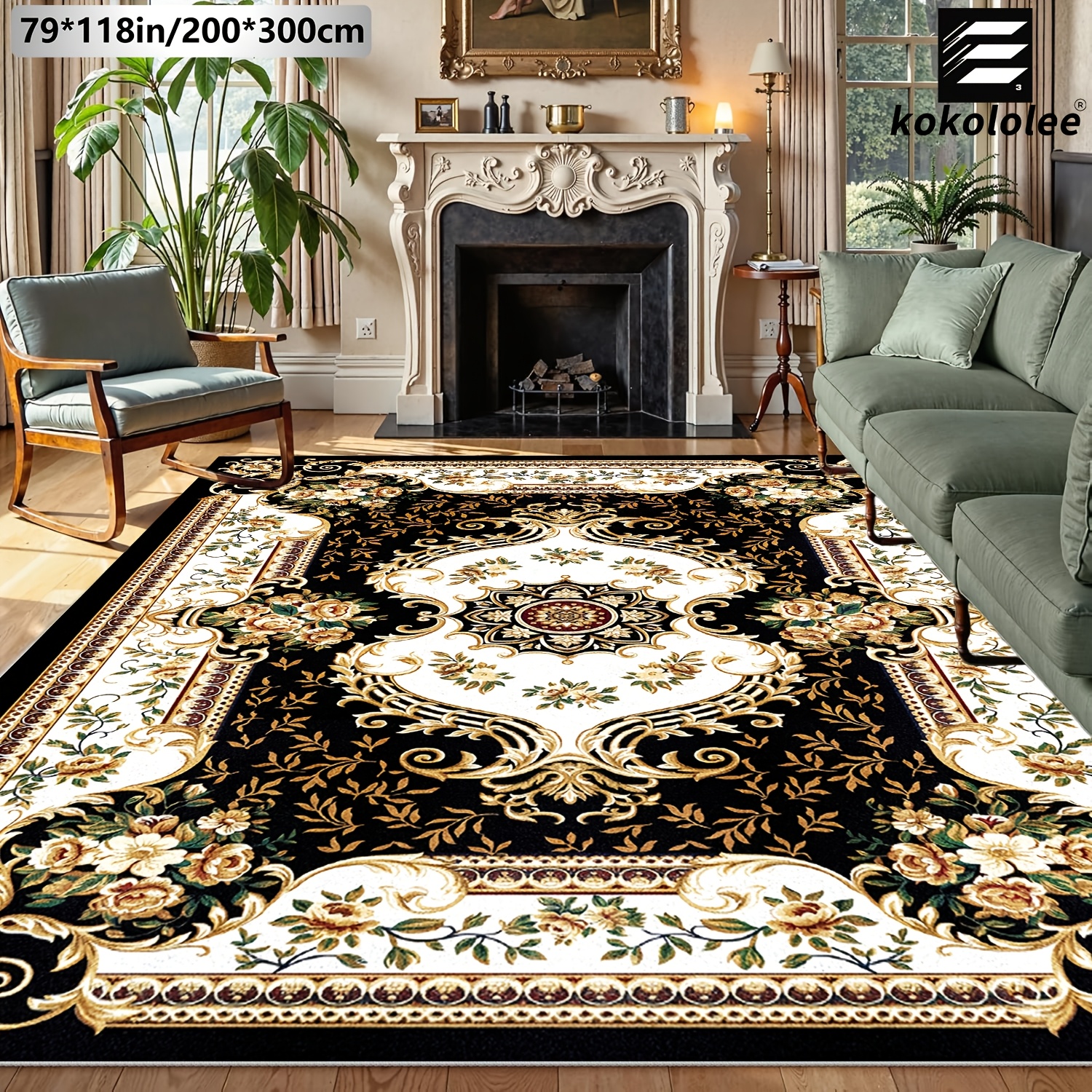 TEMU 1pc Kokololee Luxury Velvet Area Carpet - Vintage Baroque Black Floral Carpet, Non-slip Backing, Machine Washable, 100% Polyester Fiber. Ideal