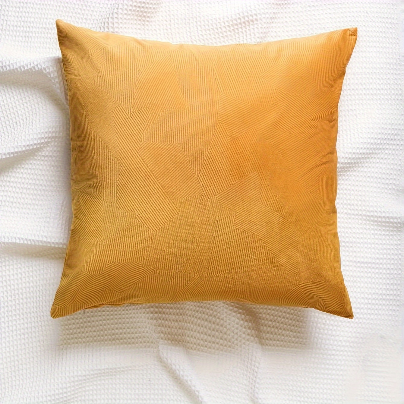 

1pc Contemporary Style Velvet Textured Throw Pillow Cover, 18x18 Inches, Mustard Yellow With Line Pattern, Zippered Cushion Case For Sofa & Bed Decor