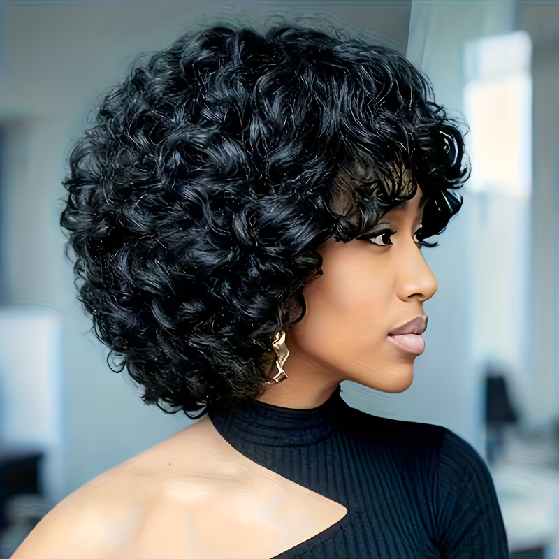 TEMU Glueless Human Hair Wig With Bangs - Cut, 180% Density Short Hair Wig Suitable For Casual & , Volume & Comfortable Mesh (no Glue Needed)