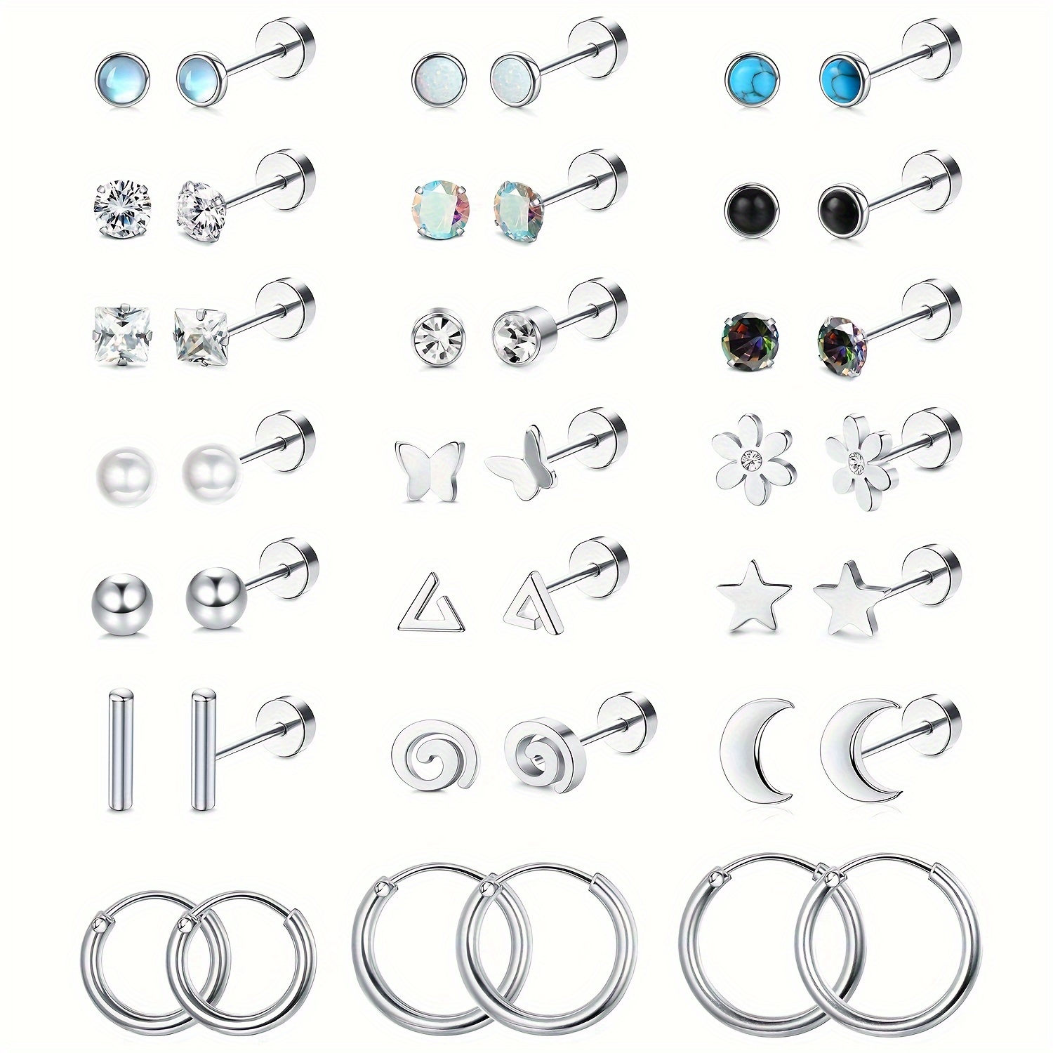 

21pairs Surgical Steel Flat Back Earrings Hypoallergenic Small Tiny Stud Earrings 20g Screw Back Nap Stack Cartilage Earring Stacks