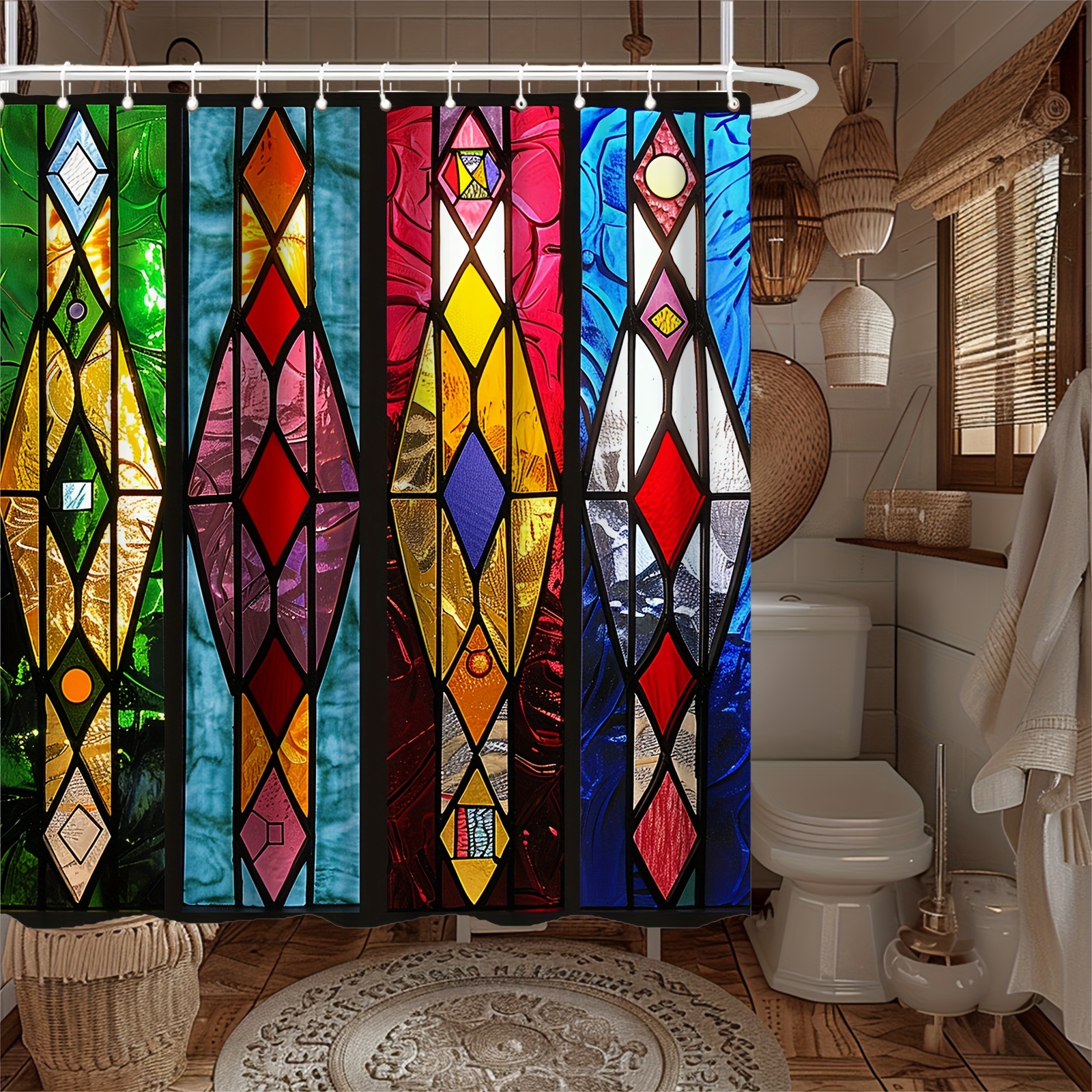 

1pc Vintage Colorful Glass Pattern Waterproof Printed With 1 Hooks - Mildew Proof Fabric For Bathroom Decor & Window Decor - 71inx71in Room Decor