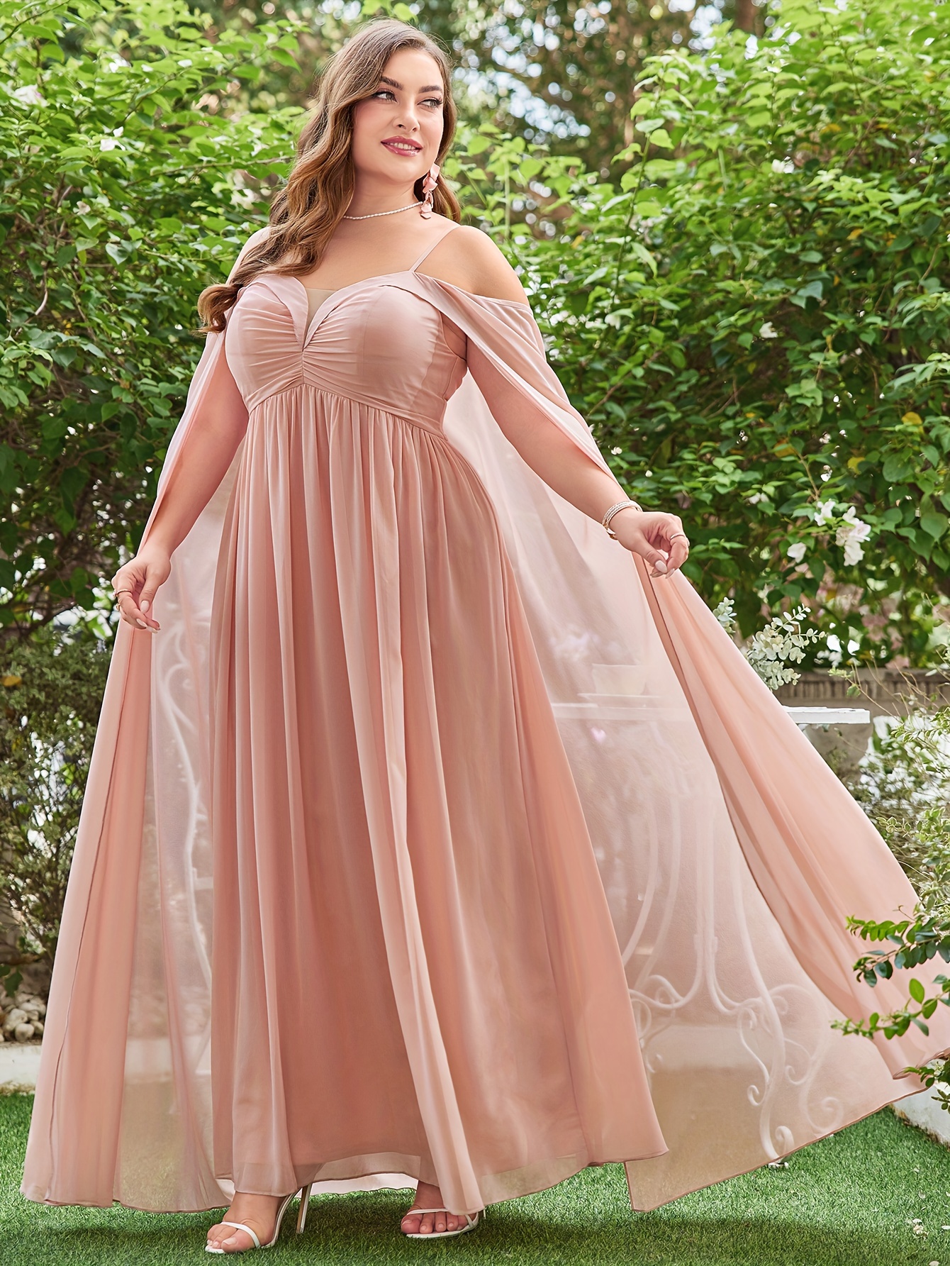 Plus Size Elegant Dress, Women's Plus Glitter Sequin Bat Sleeve Surplice  Neck Ruffle Trim Wrap Bodycon Party Dress