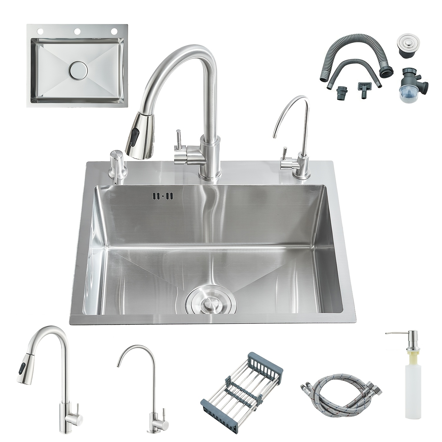 Image of Black/brushed Nickel Kitchen Sink, Stainless Steel Single-bowl Sink, Undermount/countertop Sink With Sliding Fittings, Farmhouse-style Countertop Sink With Soap Dispenser (21.7 X 17.7 Inches)