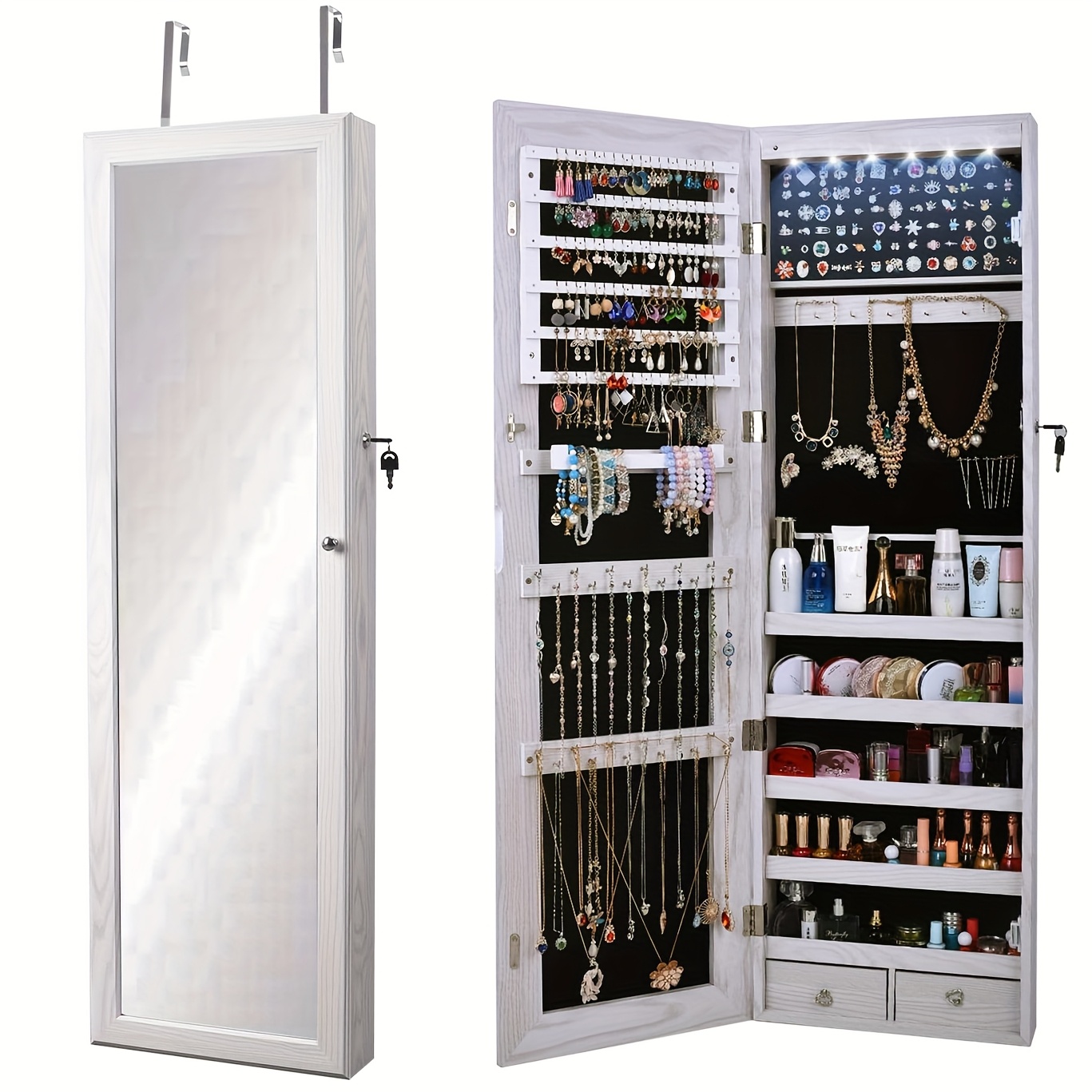 TEMU Soges Jewelry Cabinet With Full Length Mirror Lockable Standing Jewelry Organizer Door Hanging Full Mirror Cabinet Jewelry Chest, With 6 Led